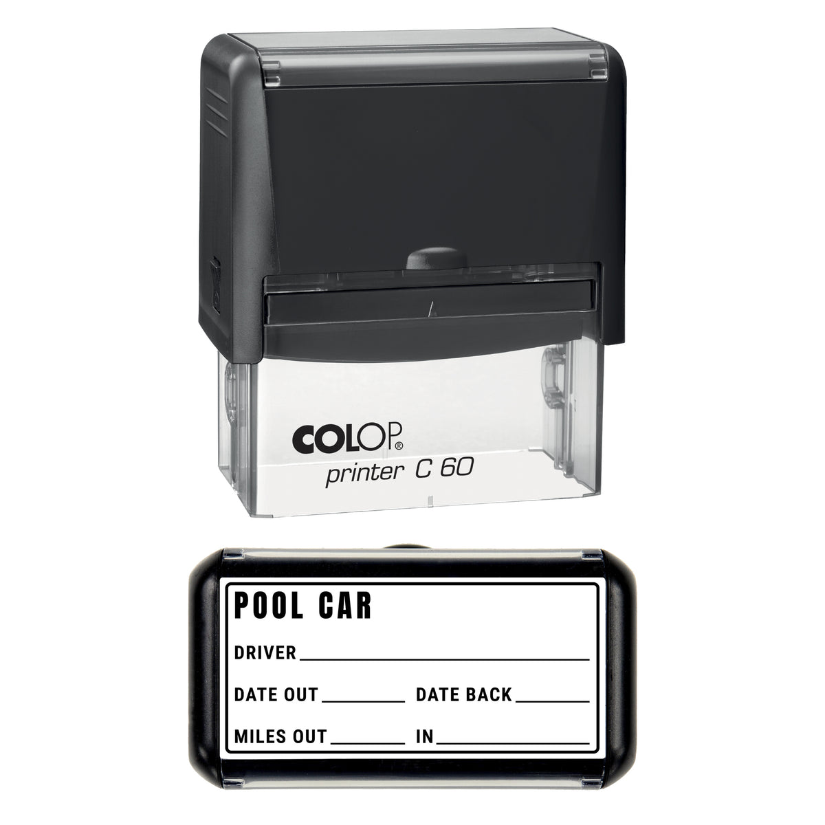 Stamp showing the Pool Car design, 77 x 36mm COLOP C60 self-inking stamp, black ink