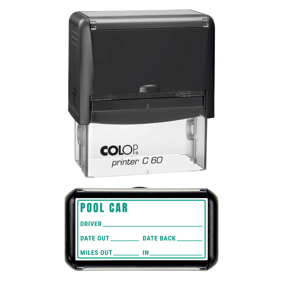 Stamp showing the Pool Car design, 77 x 36mm COLOP C60 self-inking stamp, green ink