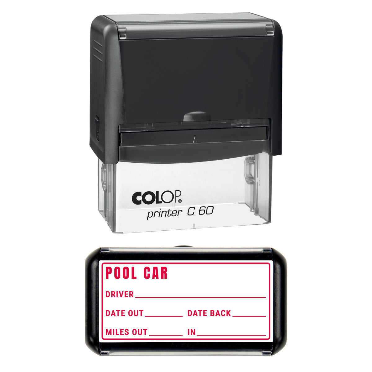 Stamp showing the Pool Car design, 77 x 36mm COLOP C60 self-inking stamp, red ink