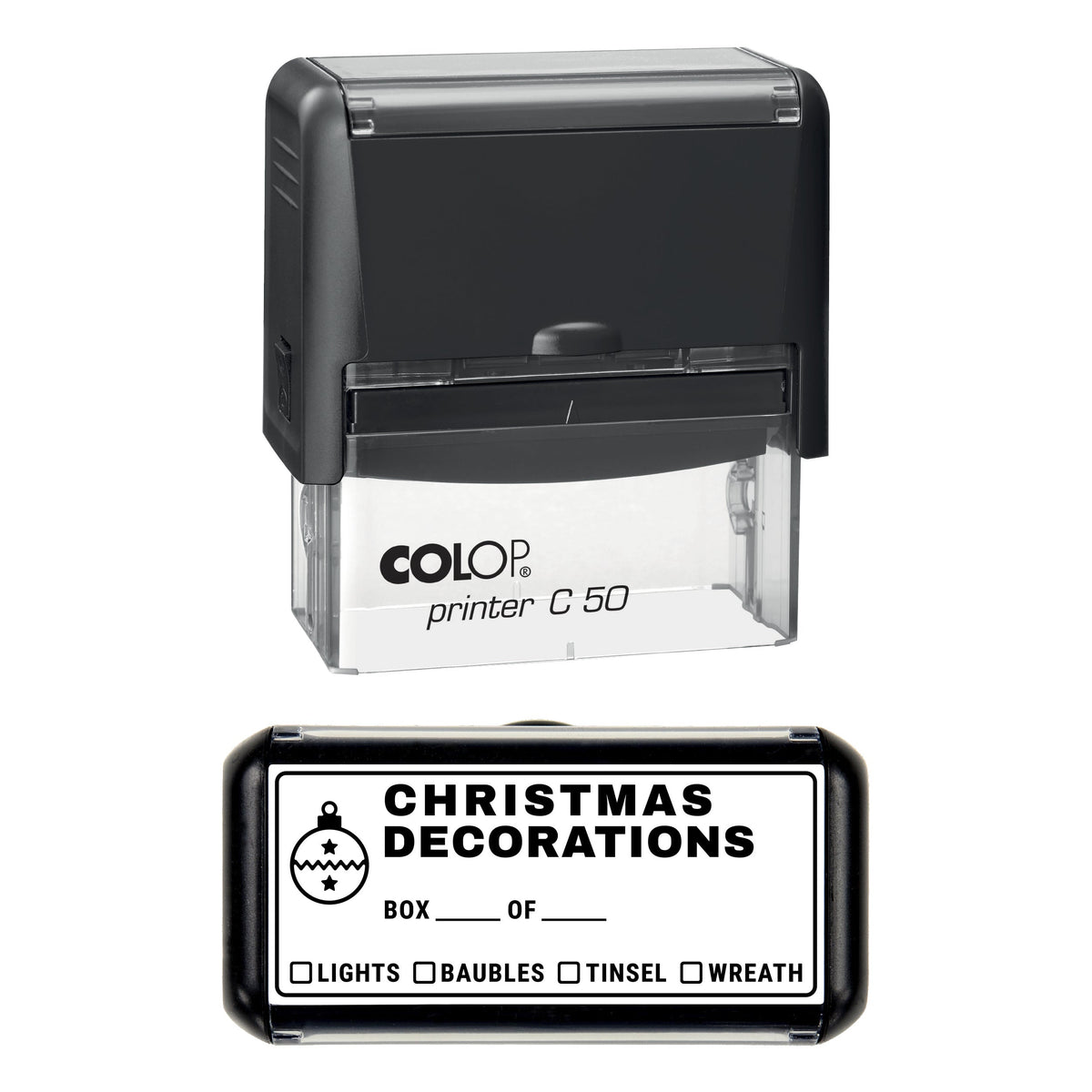 Stamp showing the Christmas Decorations Box design, 70 x 30mm COLOP C50 self-inking stamp, black ink
