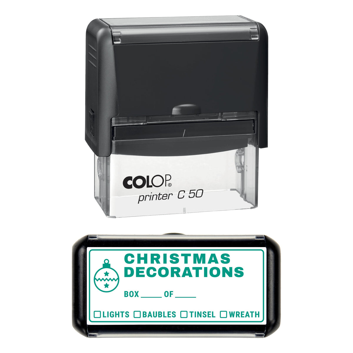 Stamp showing the Christmas Decorations Box design, 70 x 30mm COLOP C50 self-inking stamp, green ink