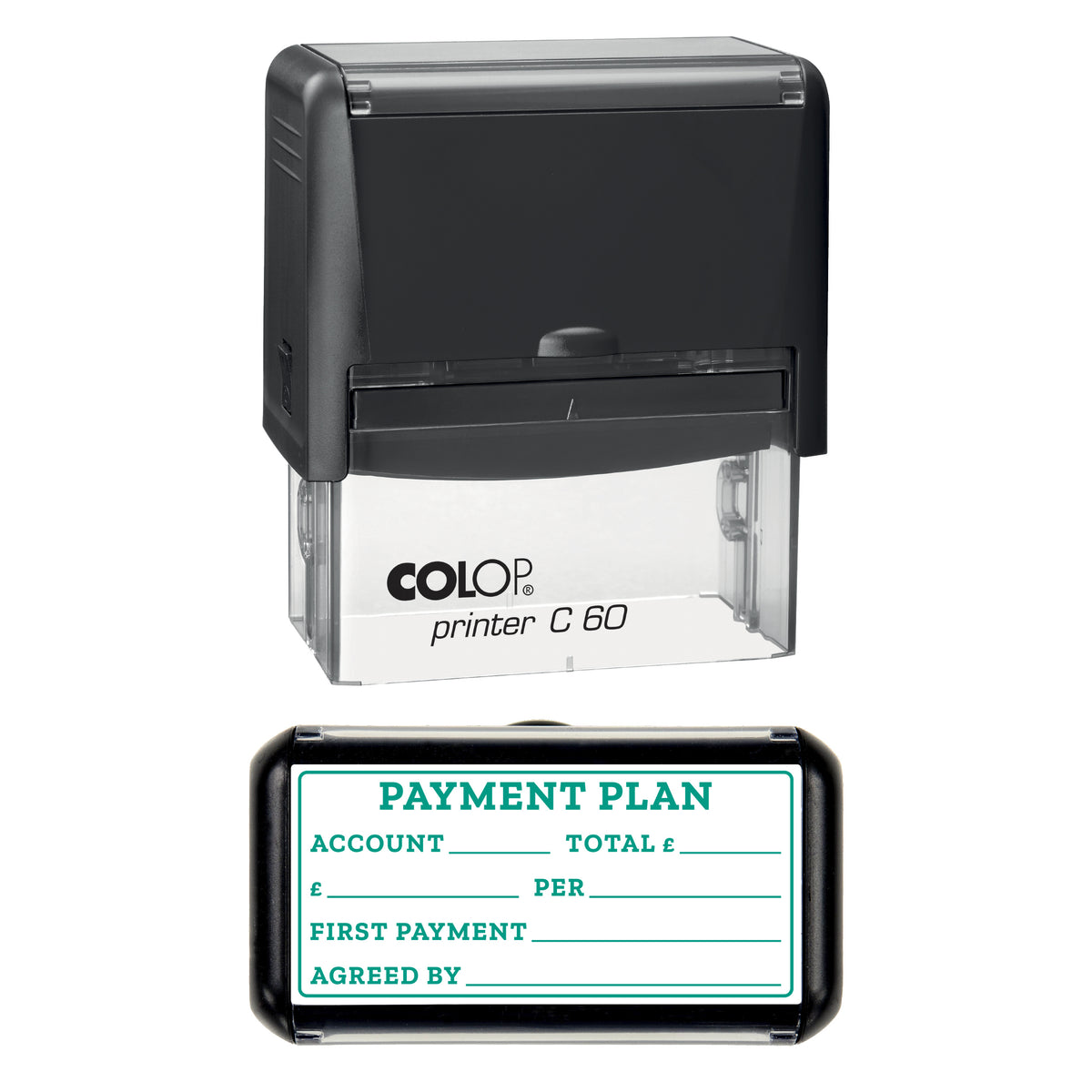 Stamp showing the Payment Plan design, 77 x 36mm COLOP C60 self-inking stamp, green ink