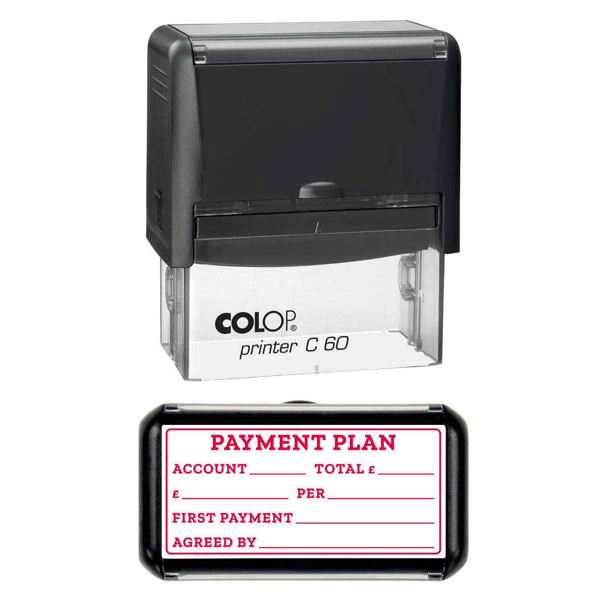 Stamp showing the Payment Plan design, 77 x 36mm COLOP C60 self-inking stamp, red ink