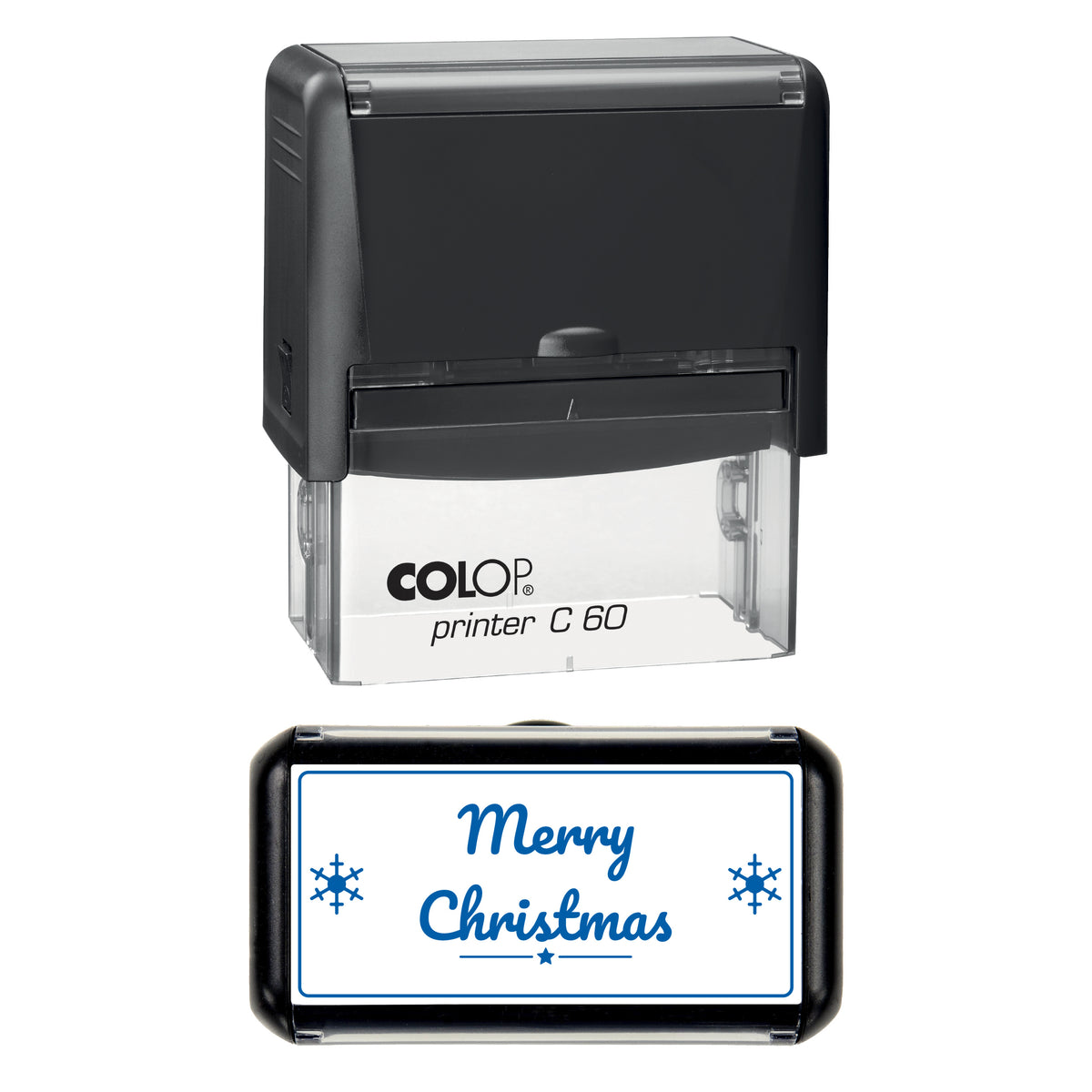 Merry Christmas Snowflake Greeting Stamp, COLOP C60, 77 x 36mm, blue ink