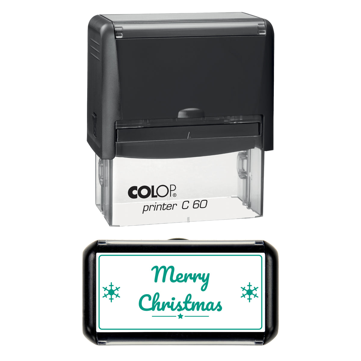 Merry Christmas Snowflake Greeting Stamp, COLOP C60, 77 x 36mm, green ink