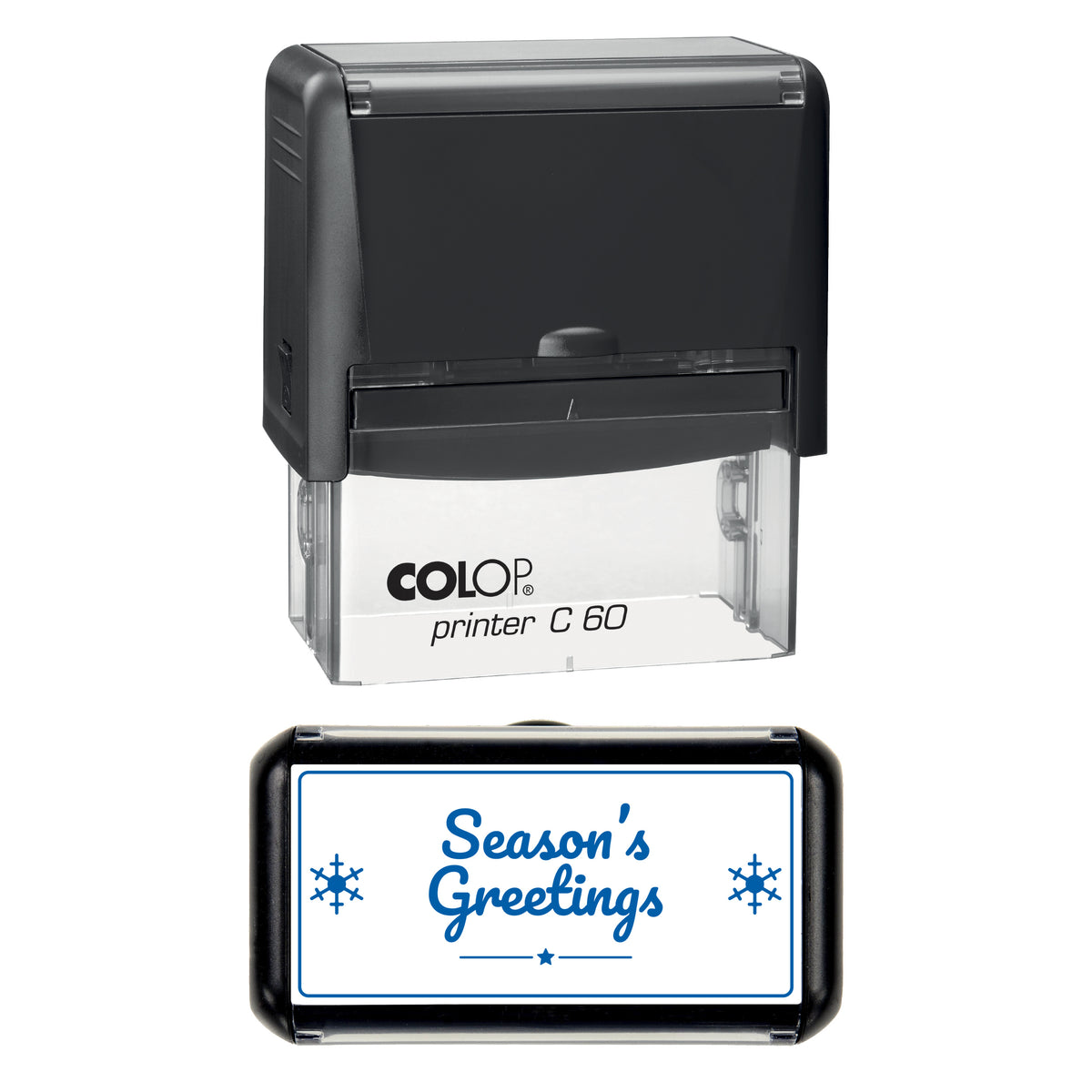 Seasons Greetings Christmas Stamp, COLOP C60, 77 x 36mm, blue ink