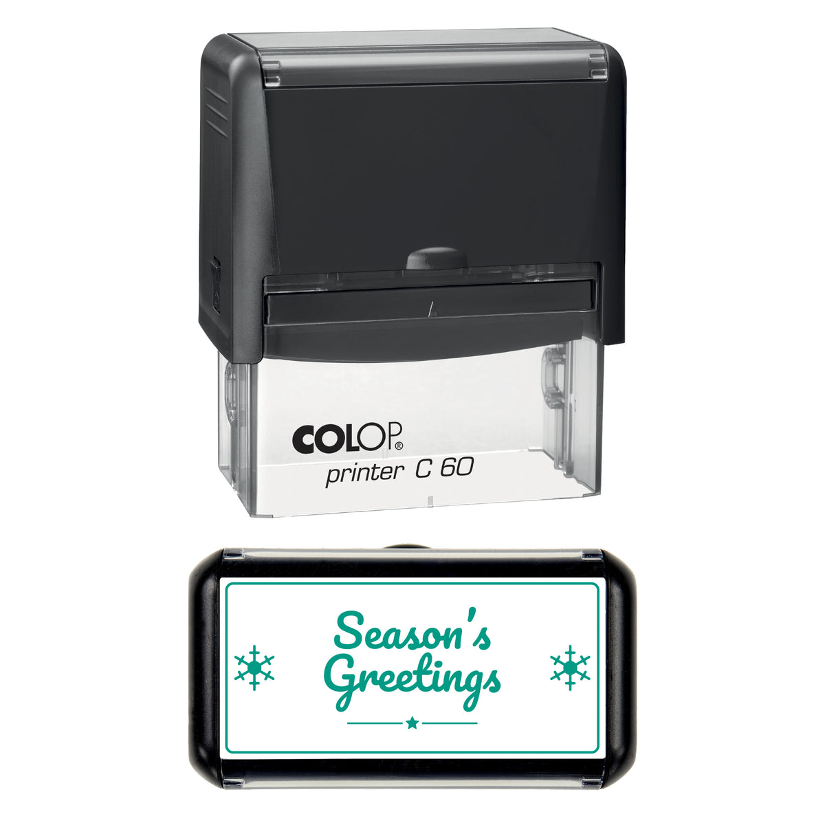 Seasons Greetings Christmas Stamp, COLOP C60, 77 x 36mm, green ink