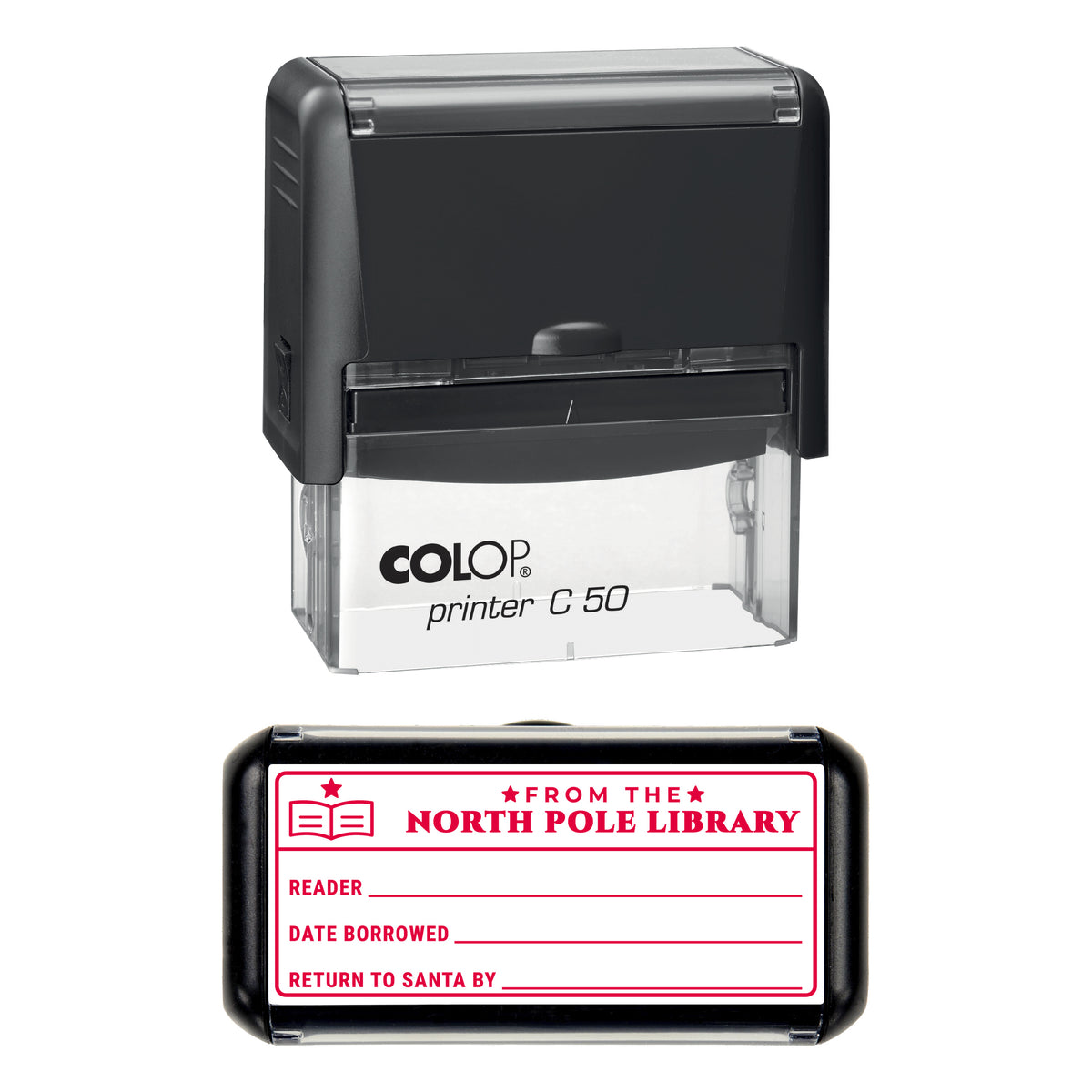 North Pole Library Christmas Stamp, COLOP C50, 70 x 30mm, red ink