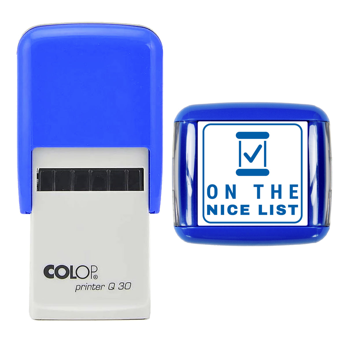On the Nice List Christmas Stamp, COLOP Q30, 30 x 30mm, blue ink