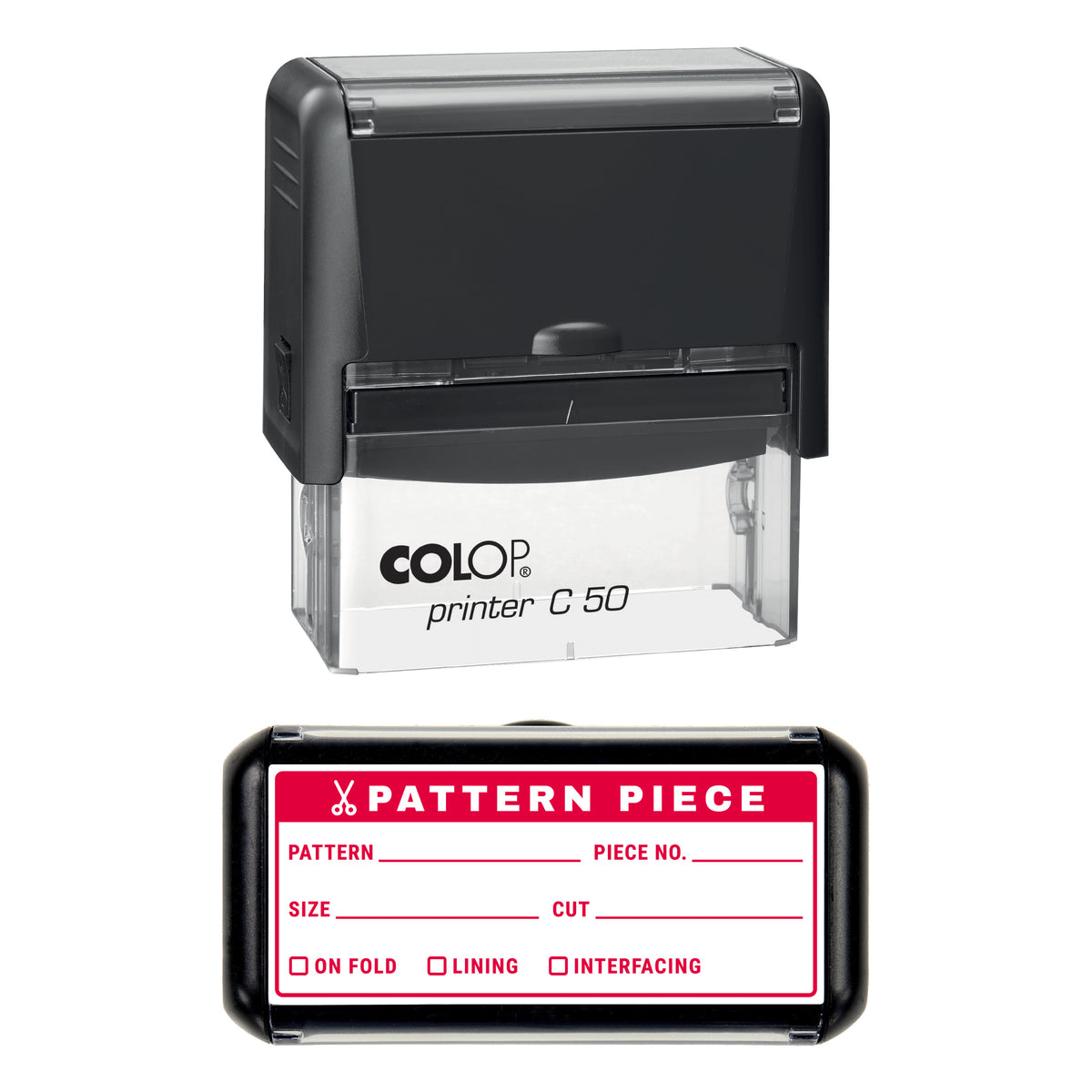 Sewing Pattern Piece Label Stamp, COLOP C50, 70 x 30mm, red ink