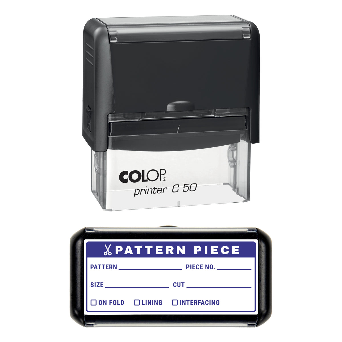 Sewing Pattern Piece Label Stamp, COLOP C50, 70 x 30mm, violet ink