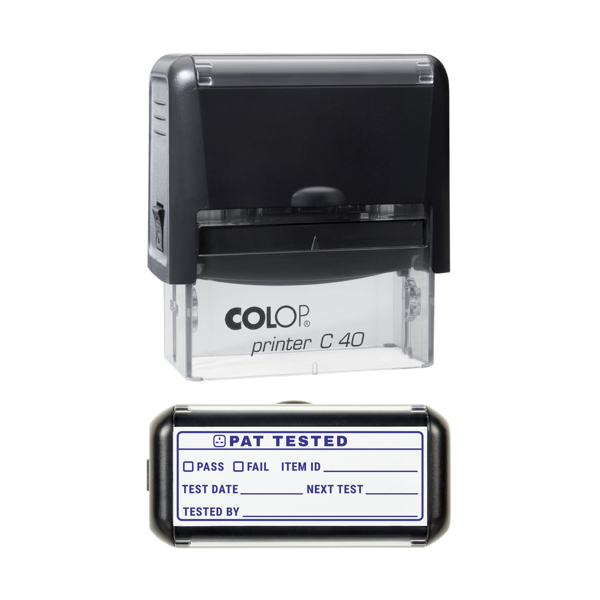 PAT Tested Record Stamp, COLOP C40, 58 x 22mm, violet ink
