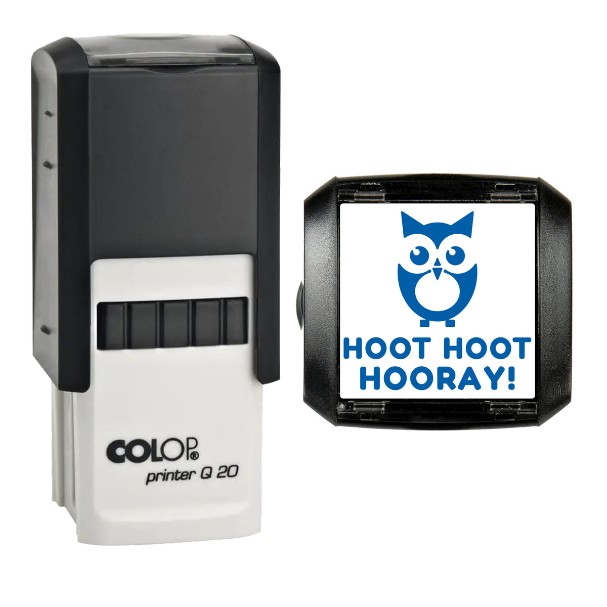 Hoot Hoot Hooray Owl Reward Stamp, COLOP Q20, 20 x 20mm, blue ink