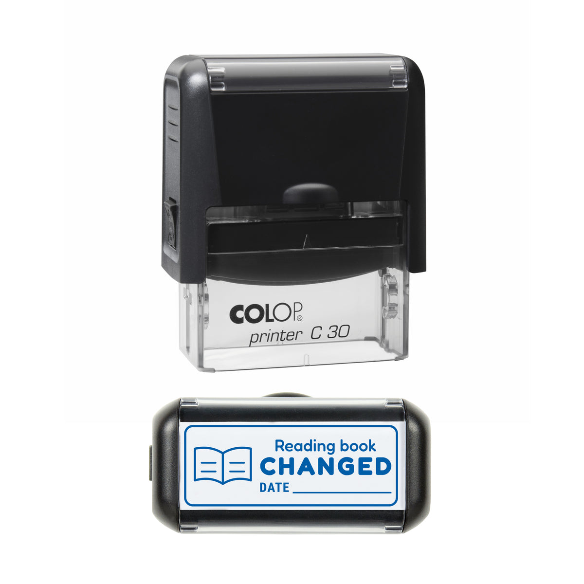 Reading Book Changed Stamp, COLOP C30, 45 x 18mm, blue ink