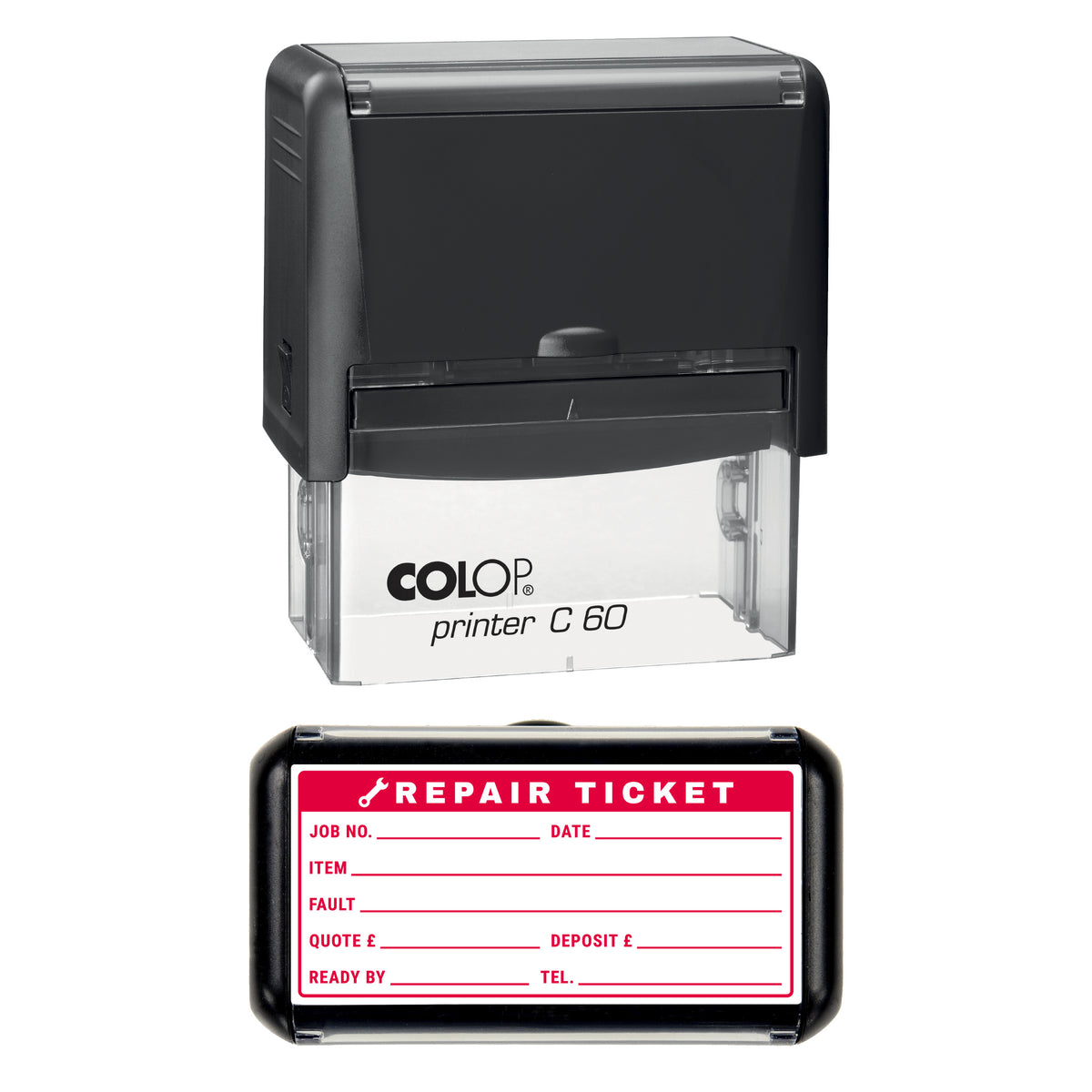Repair Ticket Stamp, COLOP C60, 77 x 36mm, red ink