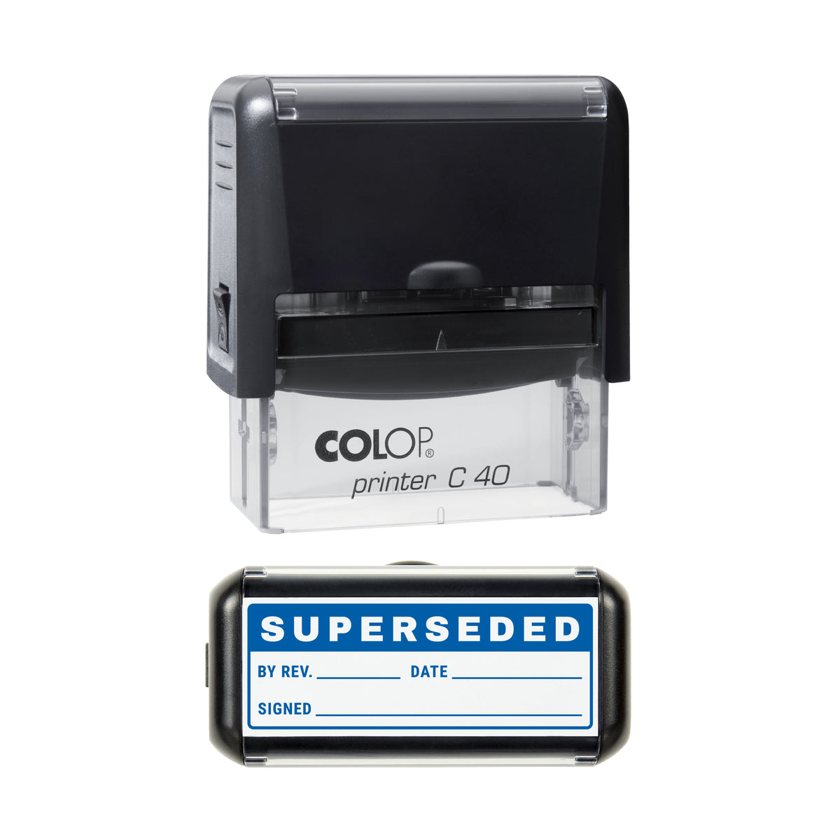 Superseded Revision Record Stamp, COLOP C40, 58 x 22mm, blue ink