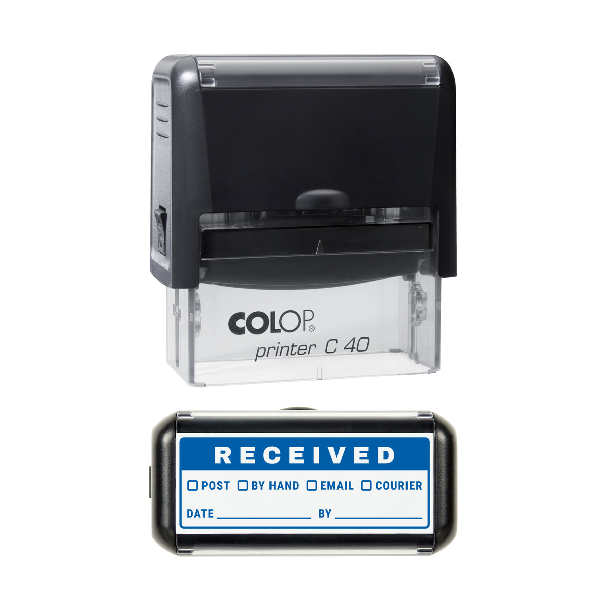 Received Via Record Stamp, COLOP C40, 58 x 22mm, blue ink