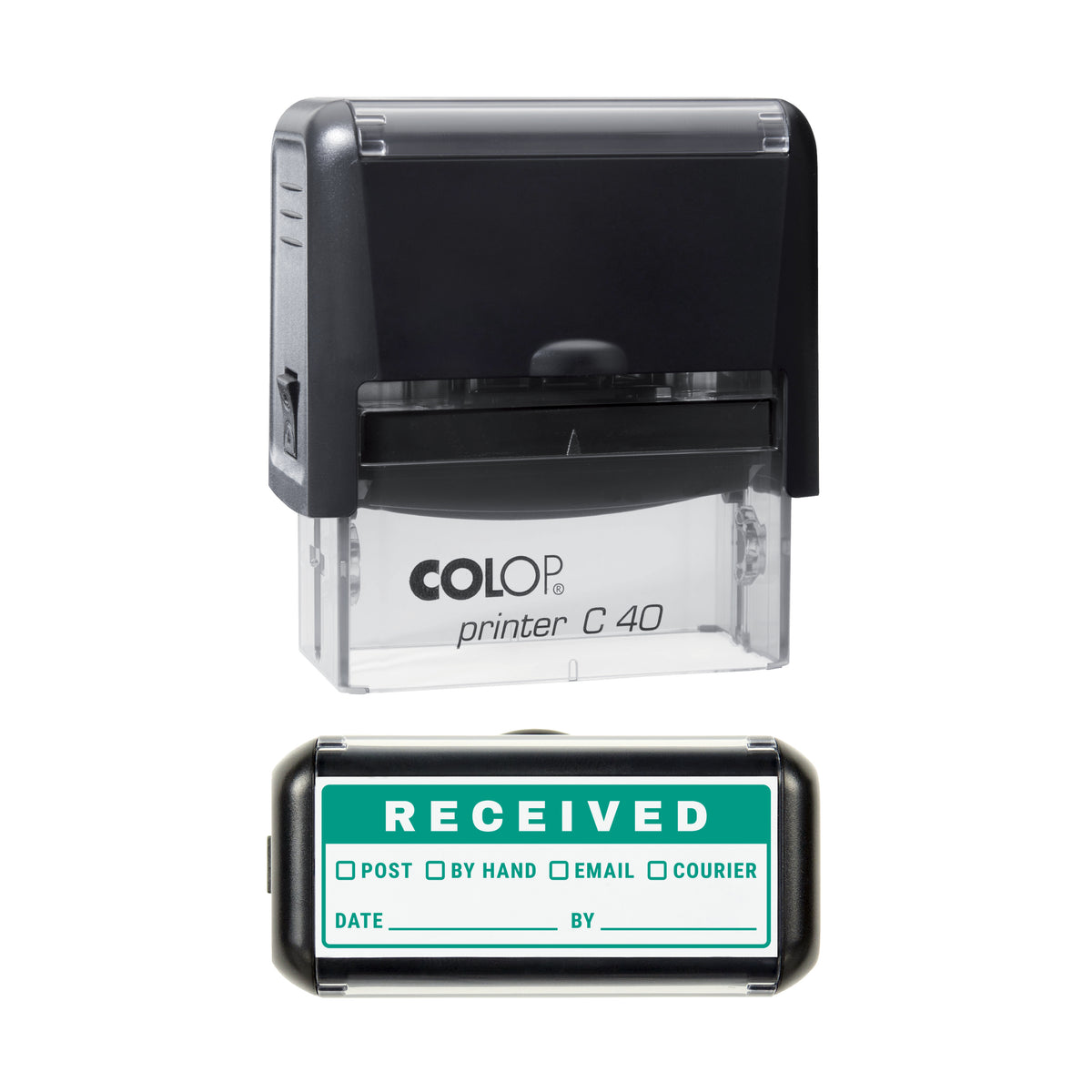 Received Via Record Stamp, COLOP C40, 58 x 22mm, green ink