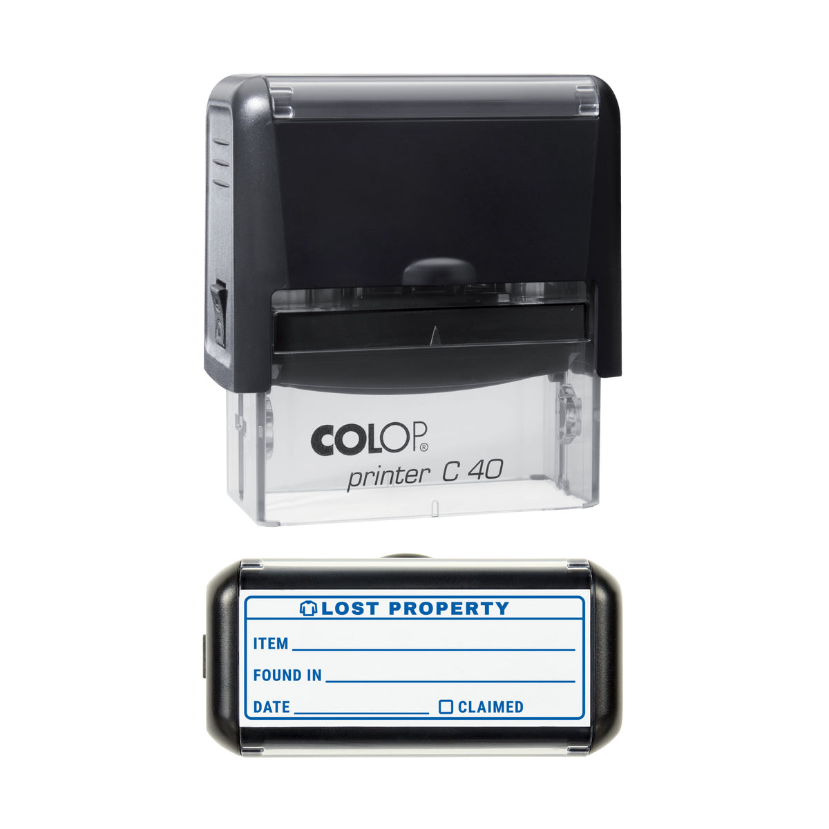 Lost Property Record Stamp, COLOP C40, 58 x 22mm, blue ink