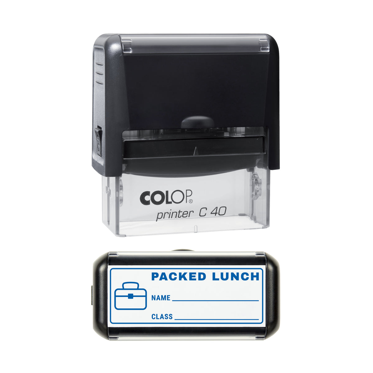 Packed Lunch Write-In Label Stamp, COLOP C40, 58 x 22mm, blue ink