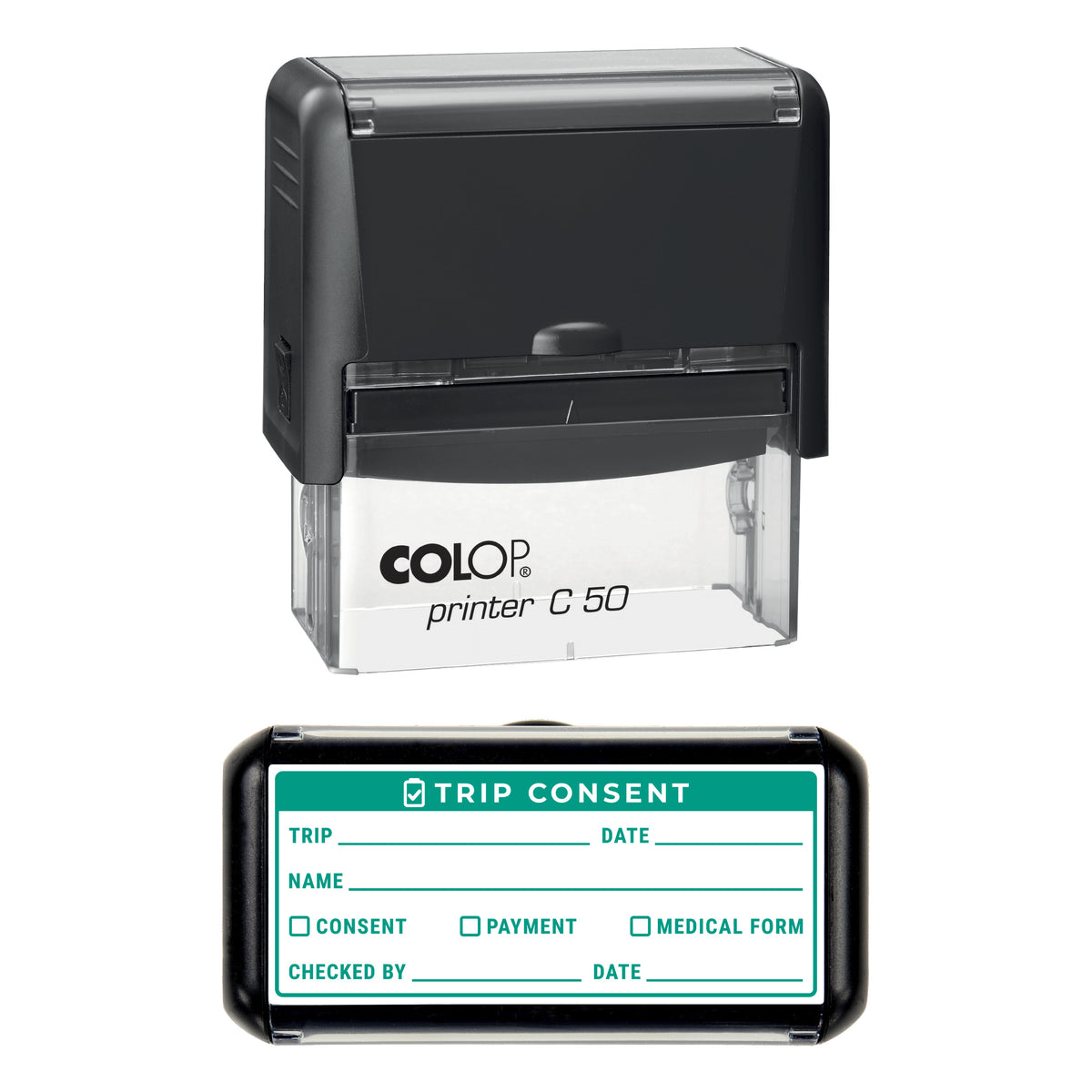 School Trip Consent Checklist Stamp, COLOP C50, 70 x 30mm, green ink