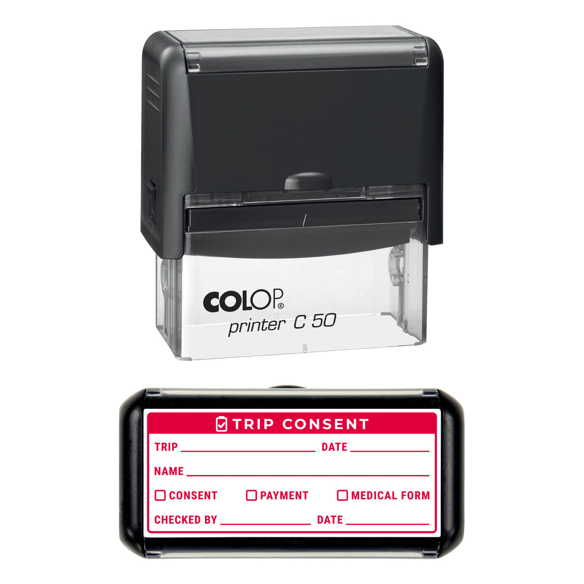 School Trip Consent Checklist Stamp, COLOP C50, 70 x 30mm, red ink