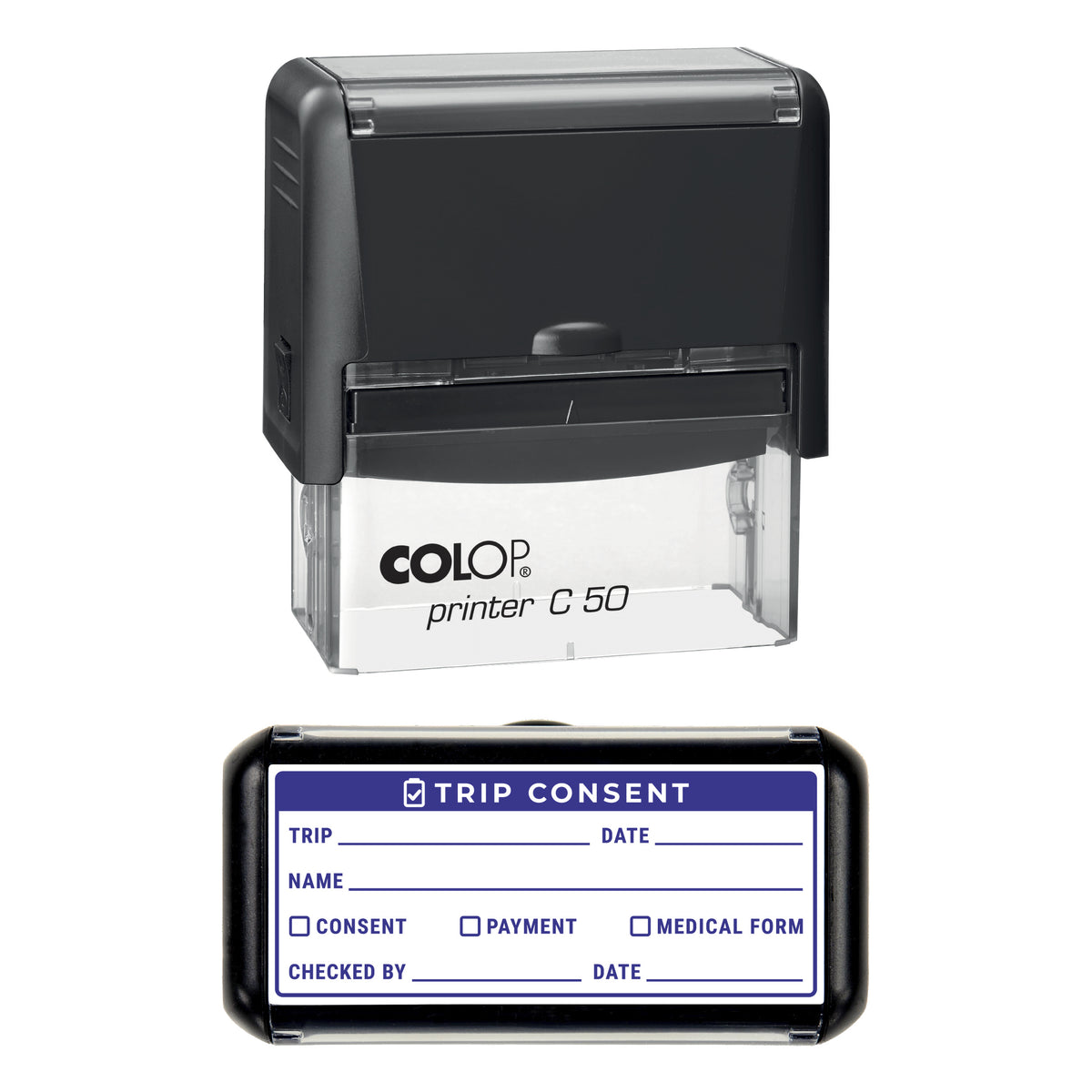 School Trip Consent Checklist Stamp, COLOP C50, 70 x 30mm, violet ink