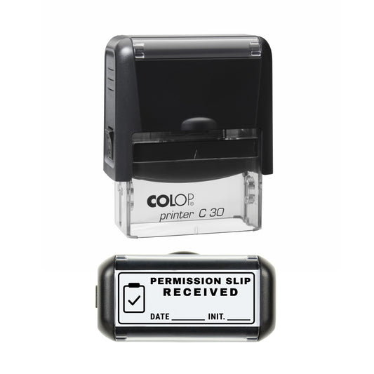 Stamp showing the Permission Slip Received design, 45 x 18mm COLOP C30 self-inking stamp, black ink