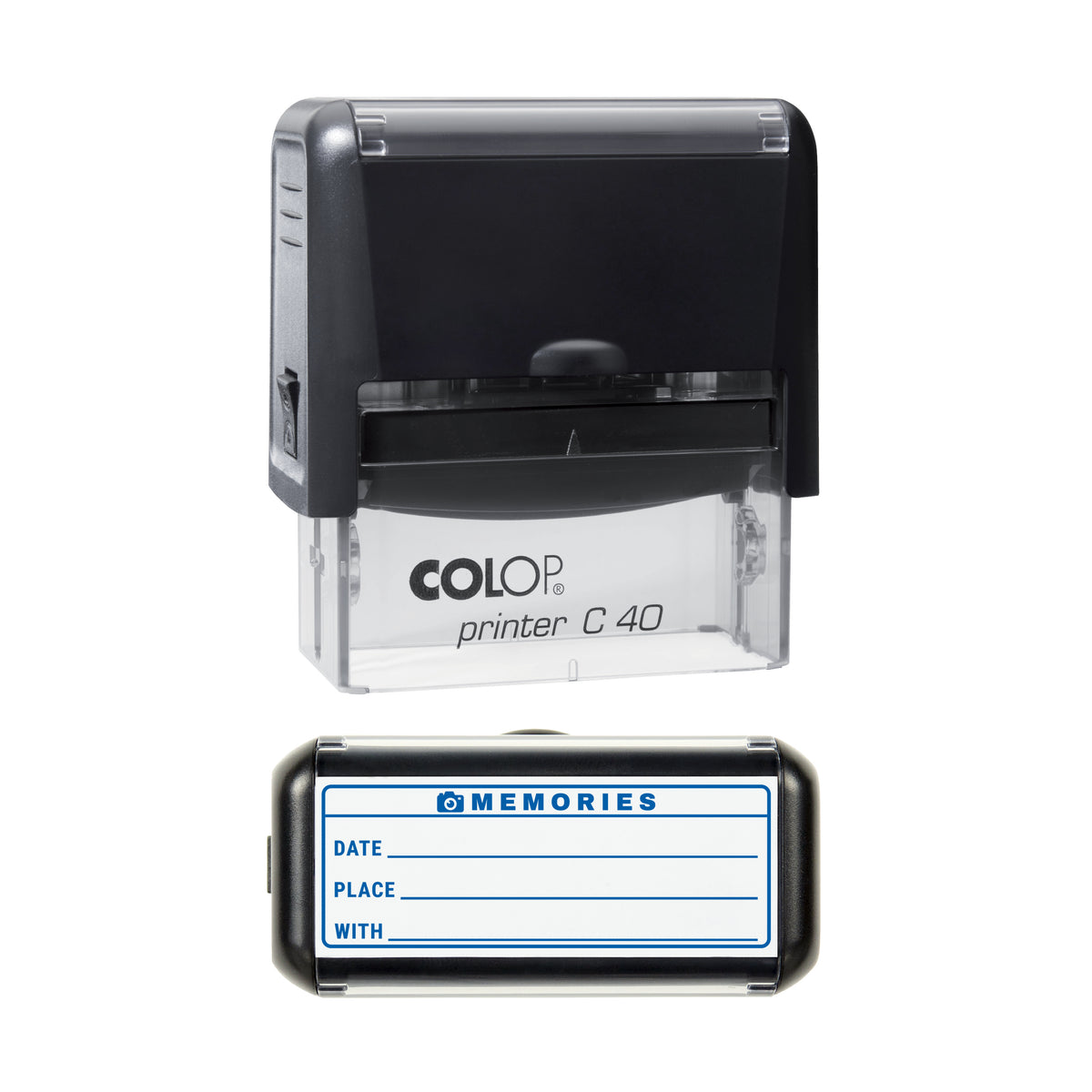 Memories Date Place With Journal Stamp, COLOP C40, 58 x 22mm, blue ink