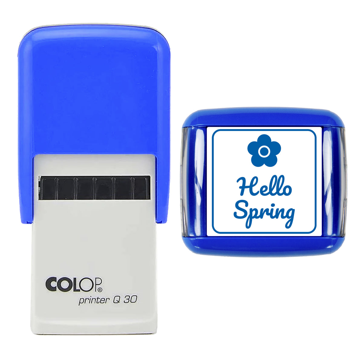 Hello Spring Flower Stamp, COLOP Q30, 30 x 30mm, blue ink