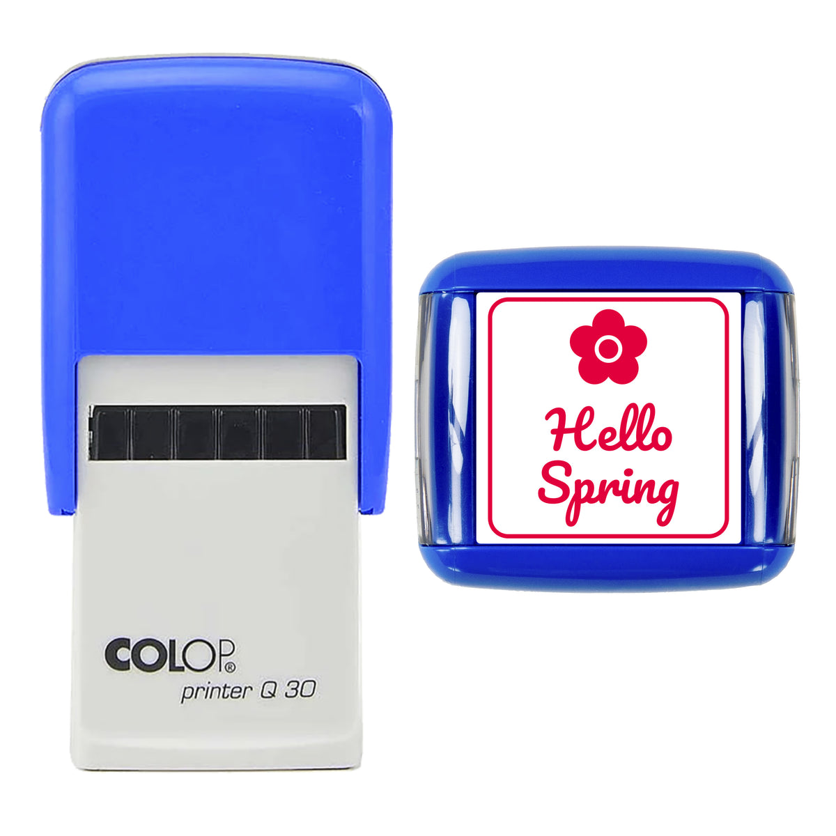 Hello Spring Flower Stamp, COLOP Q30, 30 x 30mm, red ink