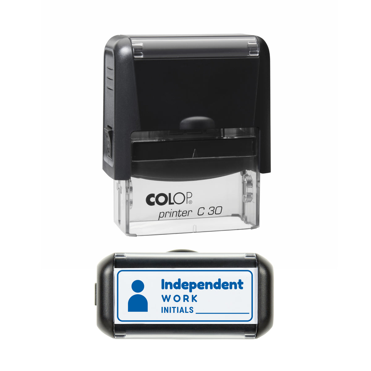Independent Work Initials Record Stamp, COLOP C30, 45 x 18mm, blue ink