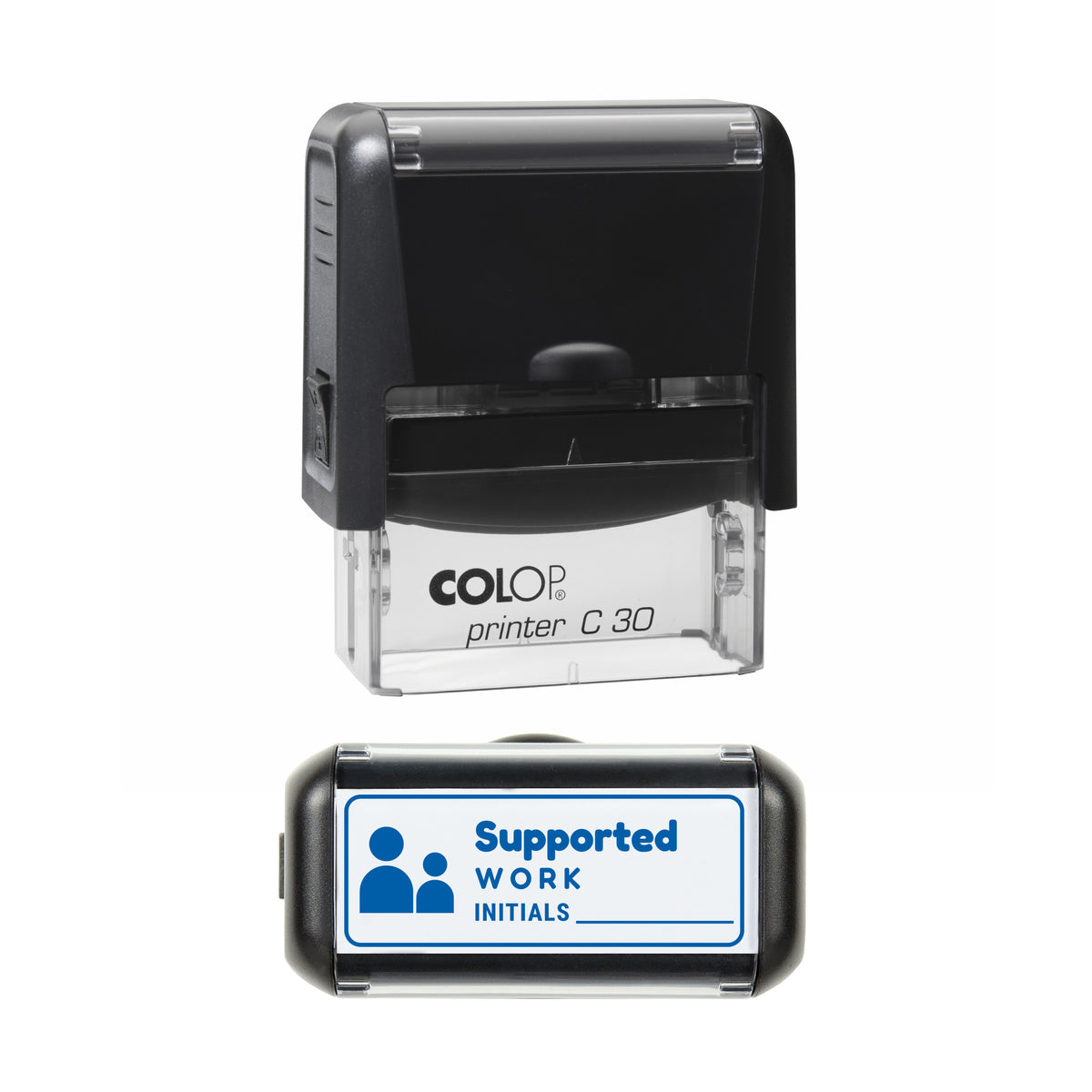 Supported Work Initials Record Stamp, COLOP C30, 45 x 18mm, blue ink