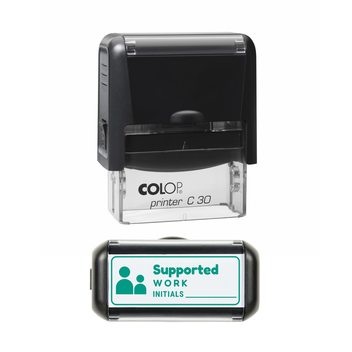 Supported Work Initials Record Stamp, COLOP C30, 45 x 18mm, green ink