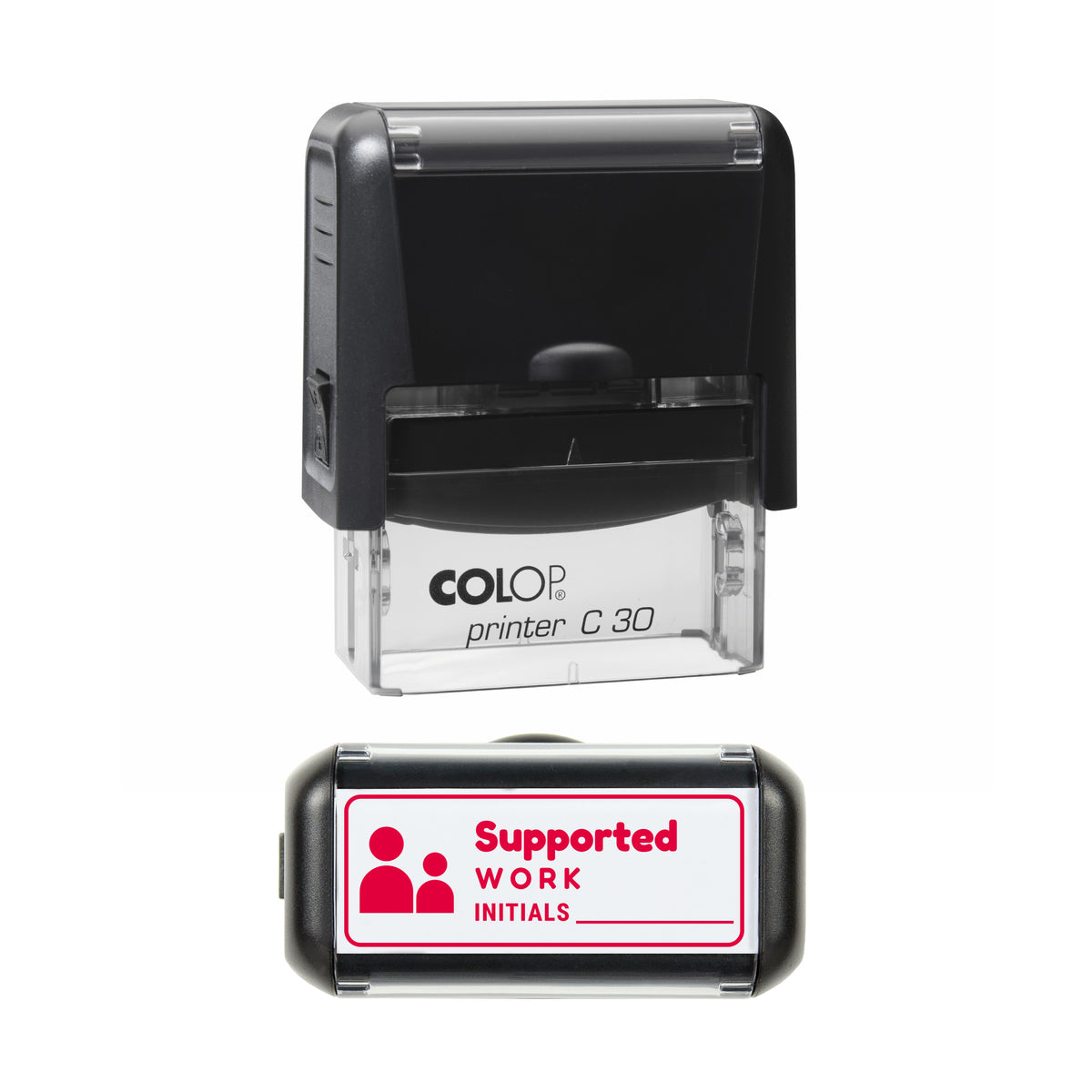 Supported Work Initials Record Stamp, COLOP C30, 45 x 18mm, red ink