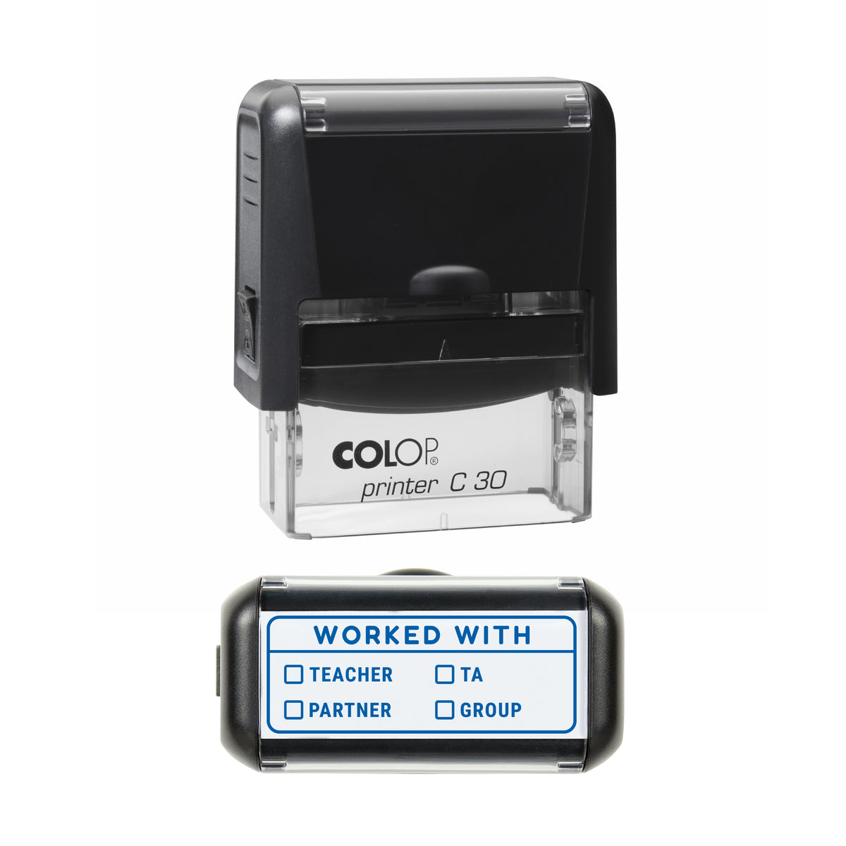 Worked With Support Record Stamp, COLOP C30, 45 x 18mm, blue ink