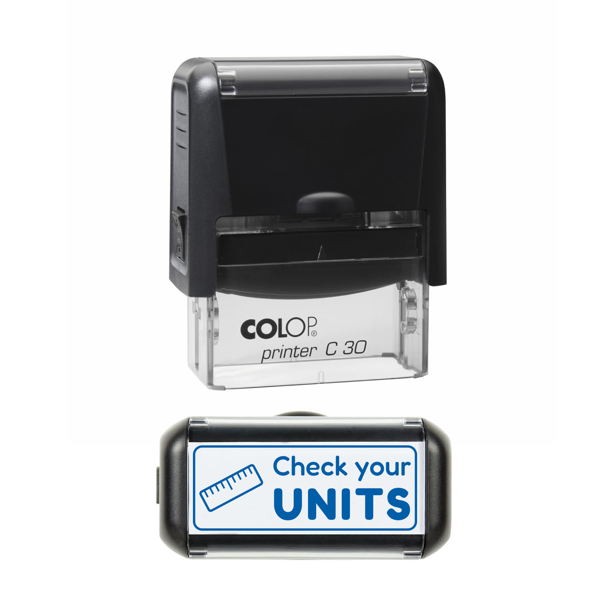 Check Your Units Teacher Stamp, COLOP C30, 45 x 18mm, blue ink