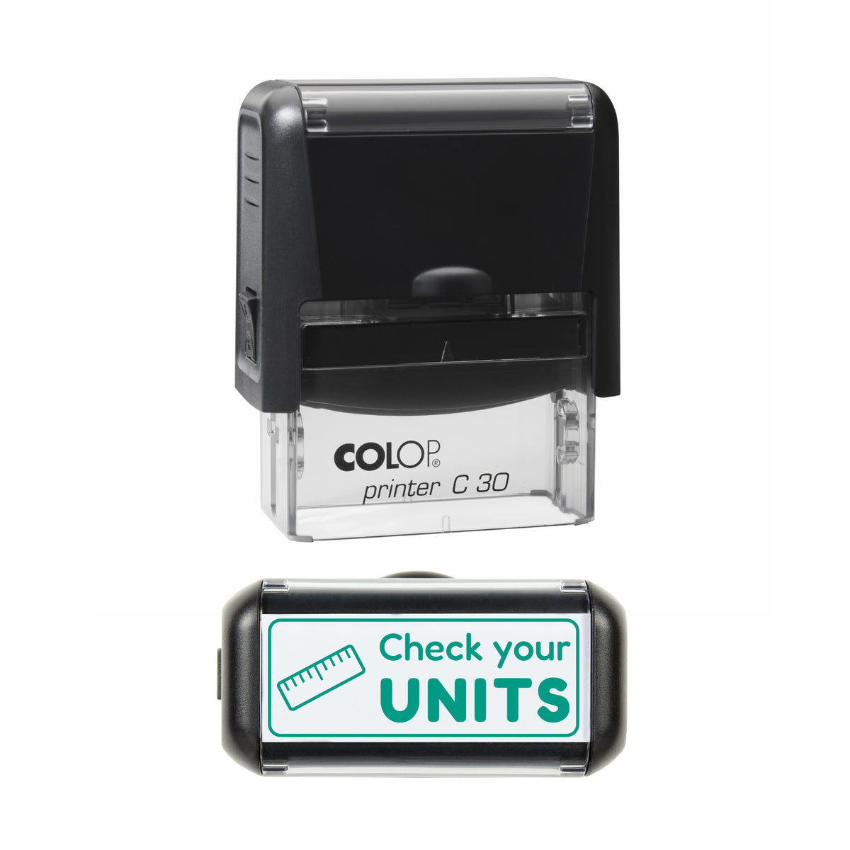 Check Your Units Teacher Stamp, COLOP C30, 45 x 18mm, green ink