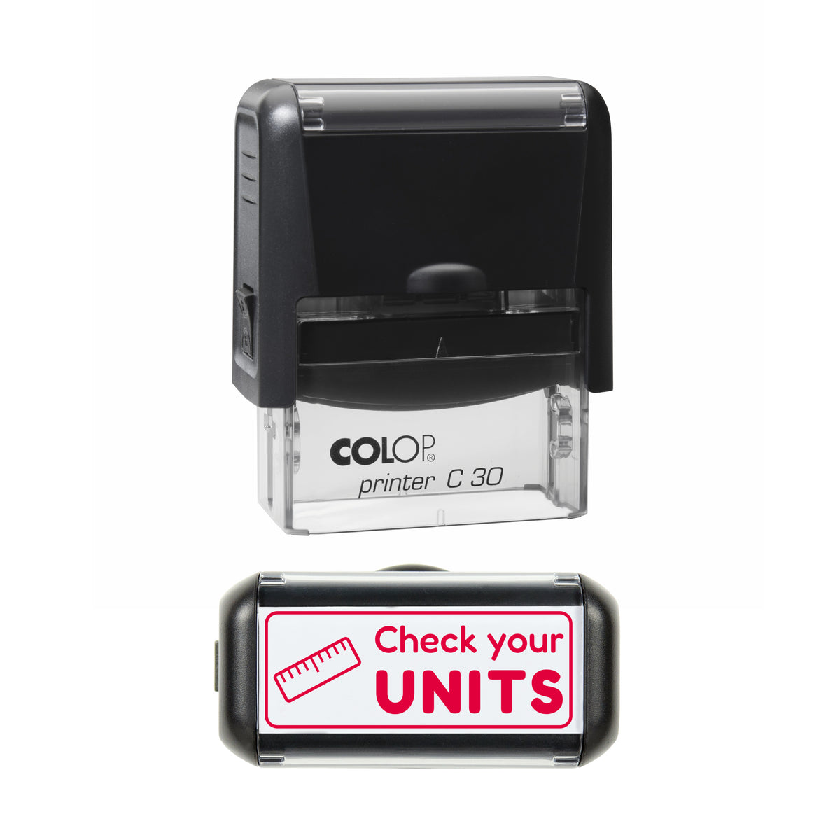 Check Your Units Teacher Stamp, COLOP C30, 45 x 18mm, red ink