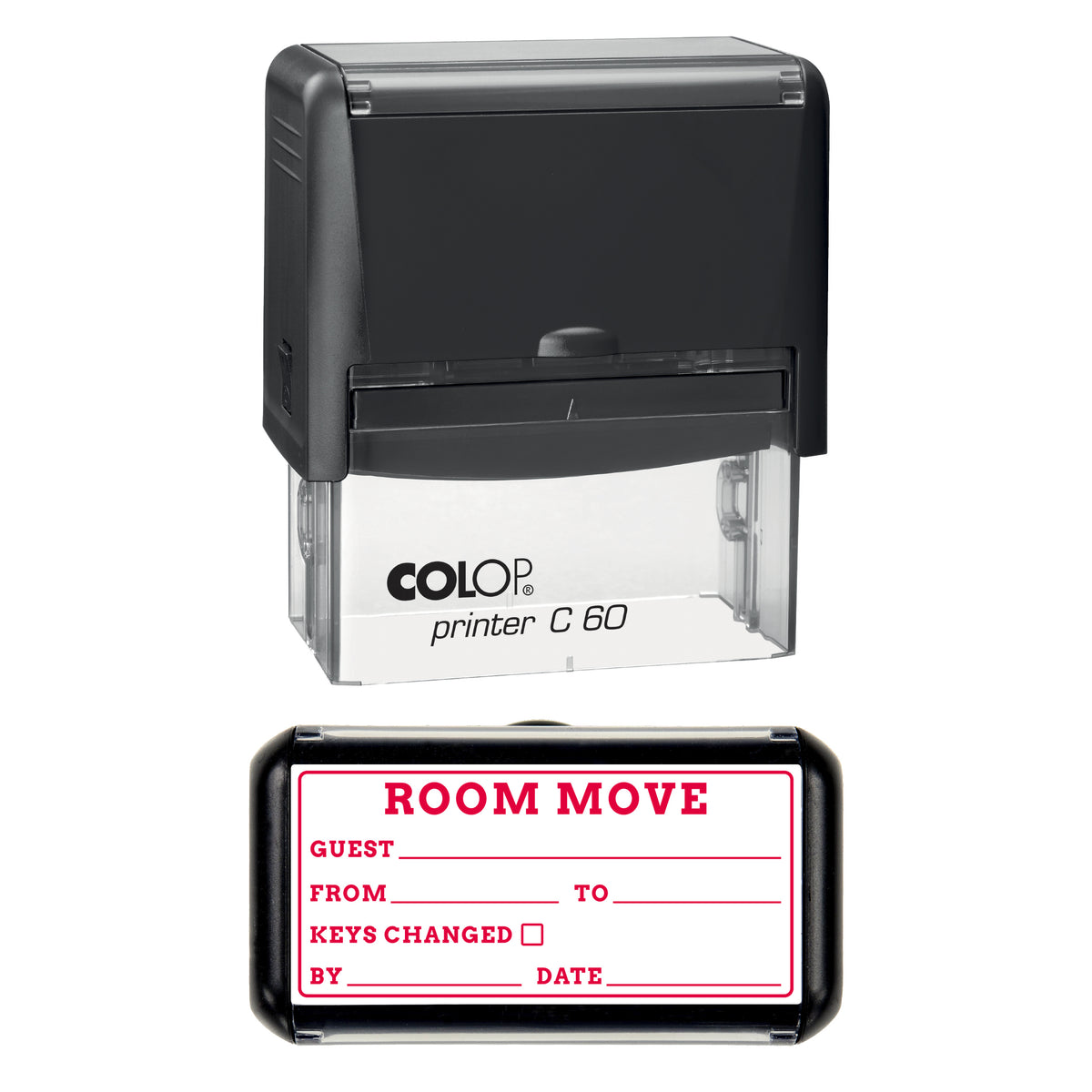Stamp showing the Room Move design, 77 x 36mm COLOP C60 self-inking stamp, red ink