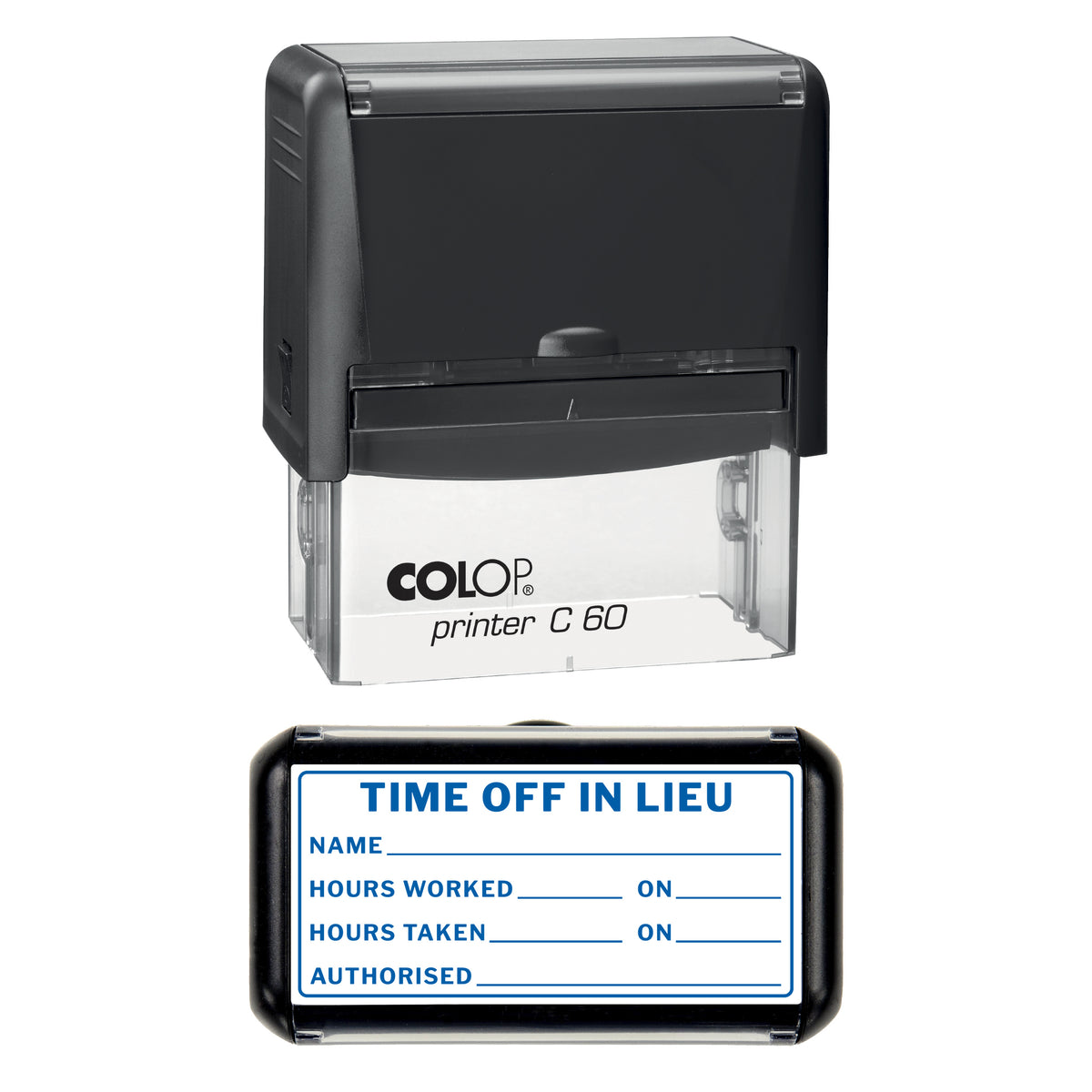Stamp showing the Time Off in Lieu design, 77 x 36mm COLOP C60 self-inking stamp, blue ink