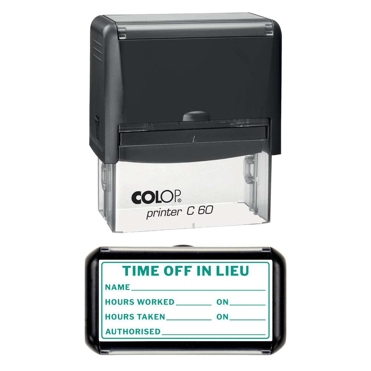 Stamp showing the Time Off in Lieu design, 77 x 36mm COLOP C60 self-inking stamp, green ink