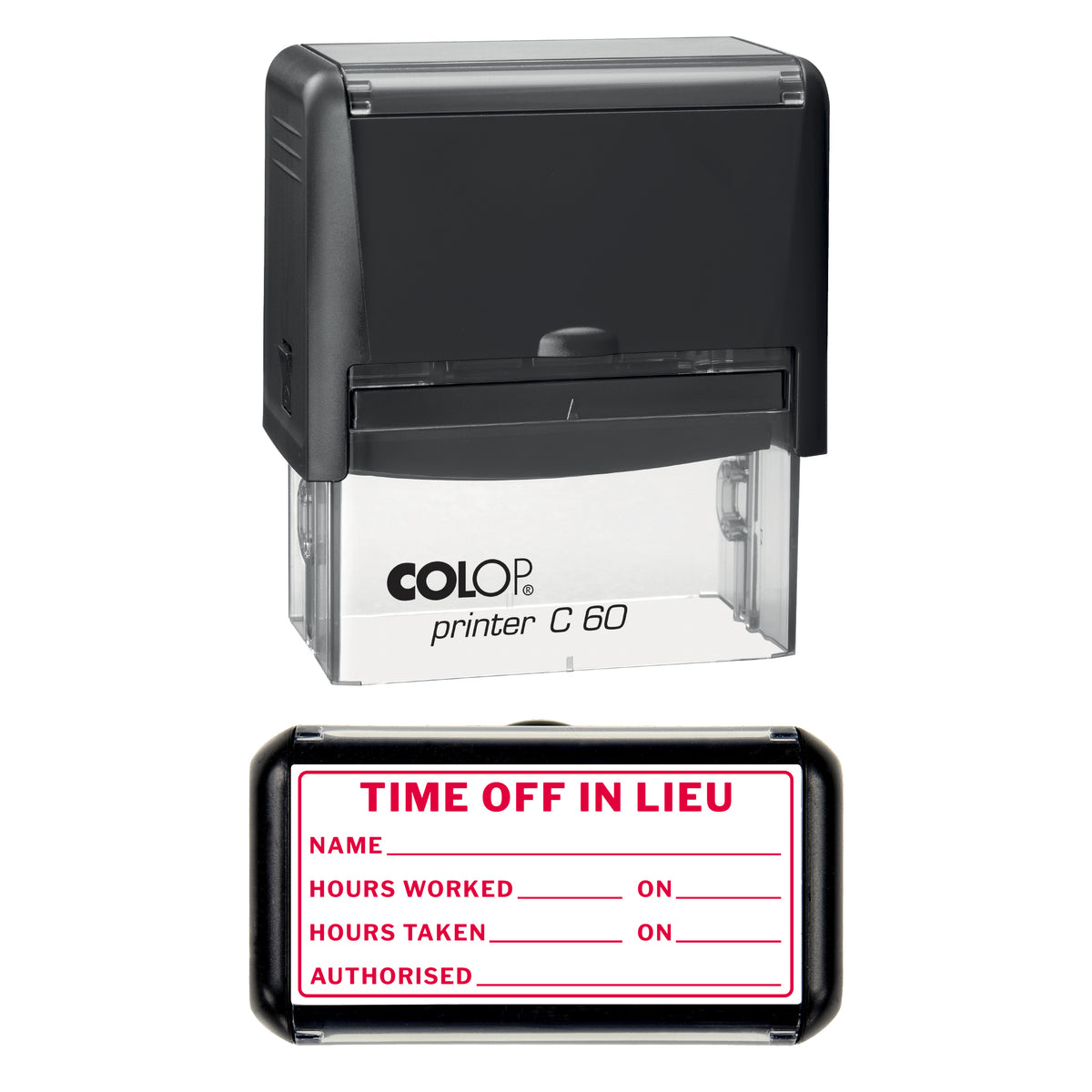 Stamp showing the Time Off in Lieu design, 77 x 36mm COLOP C60 self-inking stamp, red ink