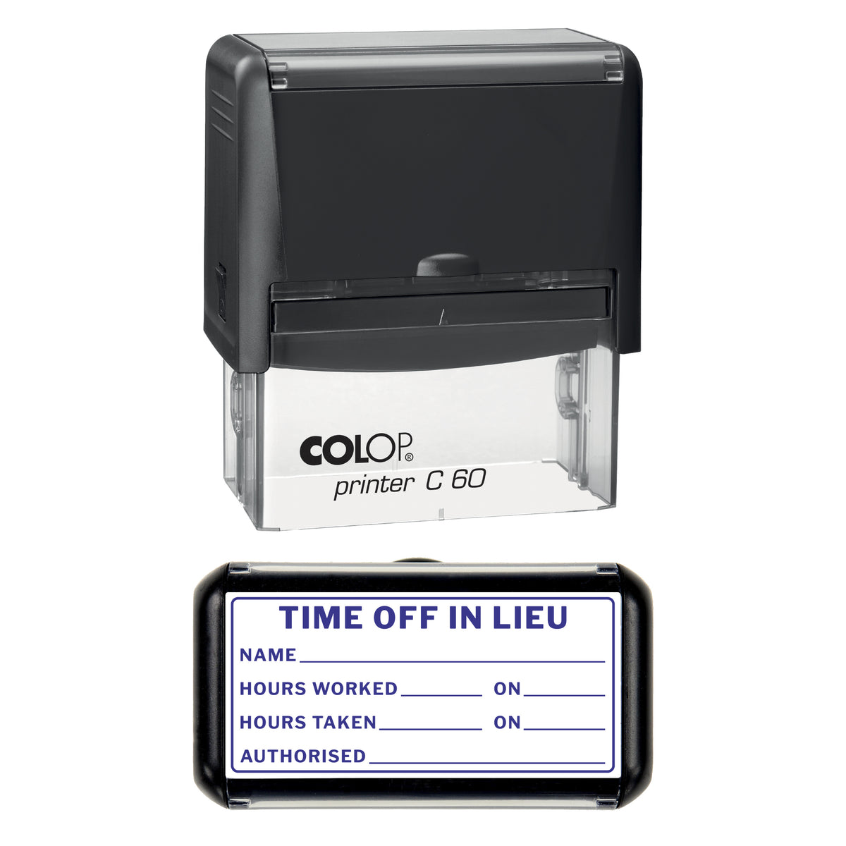 Stamp showing the Time Off in Lieu design, 77 x 36mm COLOP C60 self-inking stamp, violet ink