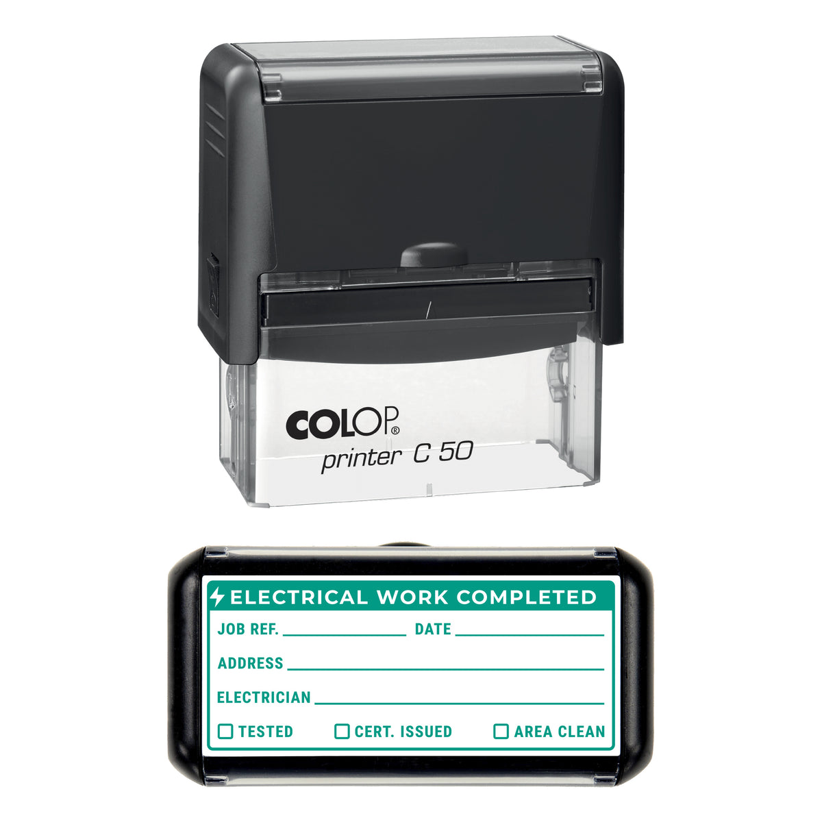 Electrical Work Completed Record Stamp, COLOP C50, 70 x 30mm, green ink