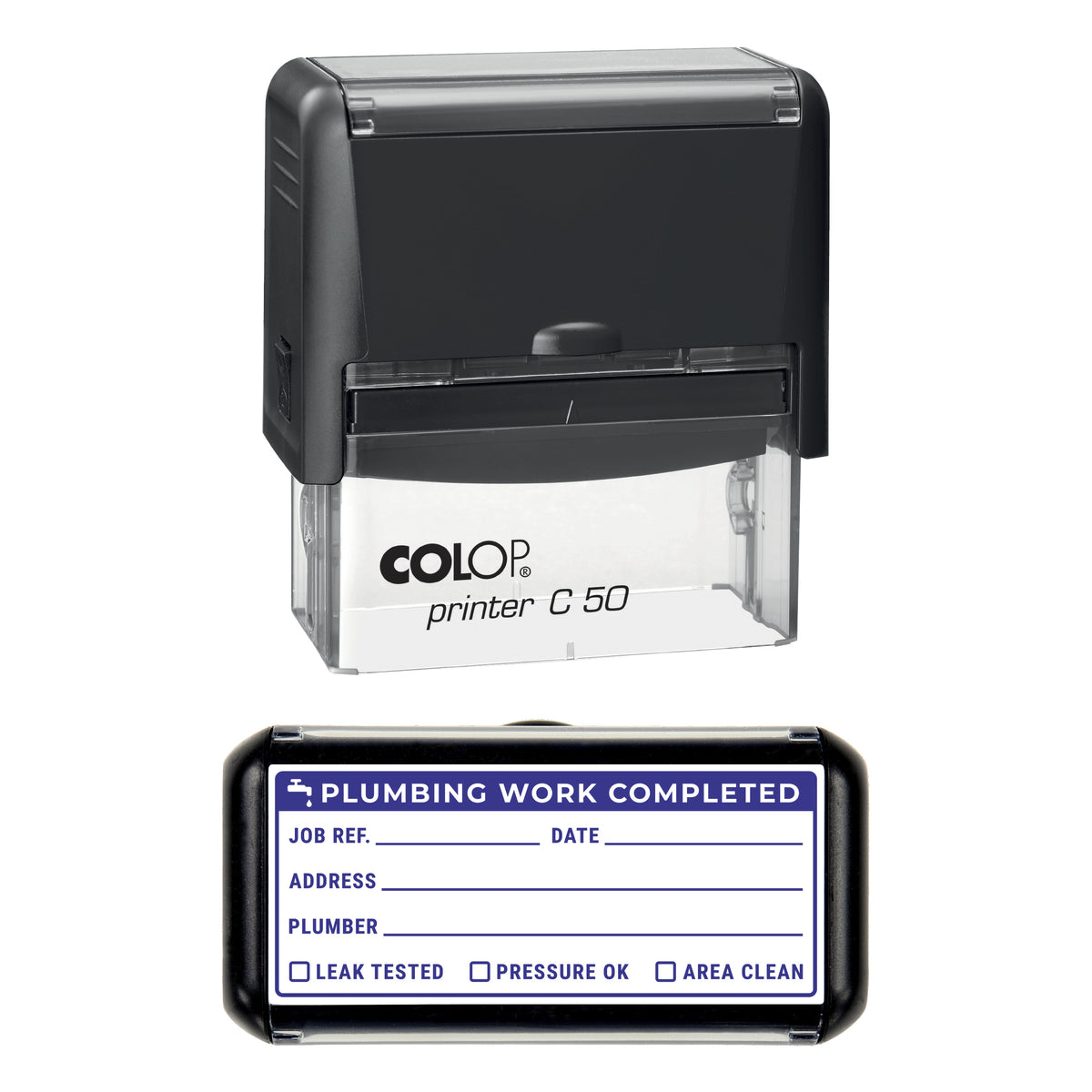 Plumbing Work Completed Record Stamp, COLOP C50, 70 x 30mm, violet ink