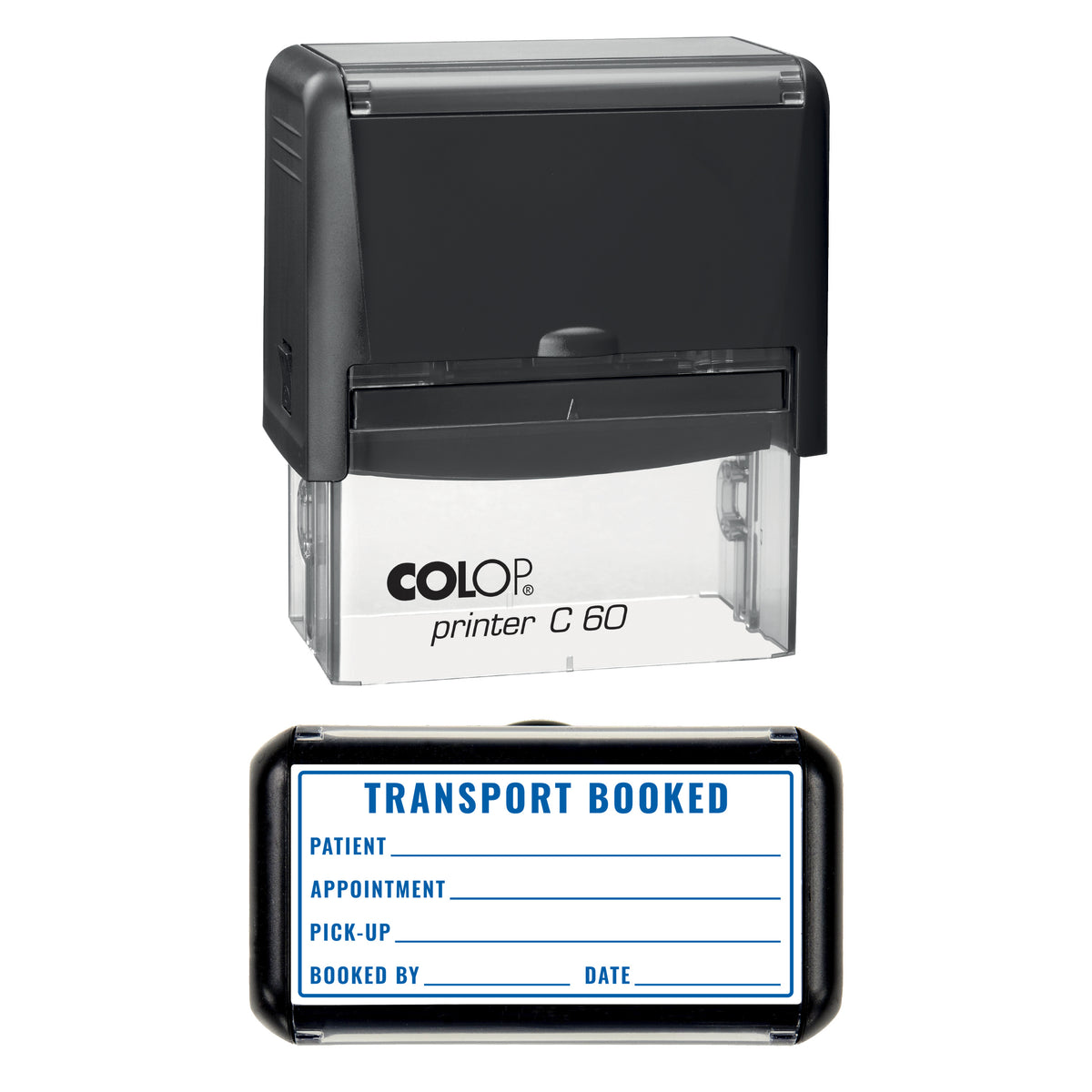 Stamp showing the Transport Booked design, 77 x 36mm COLOP C60 self-inking stamp, blue ink