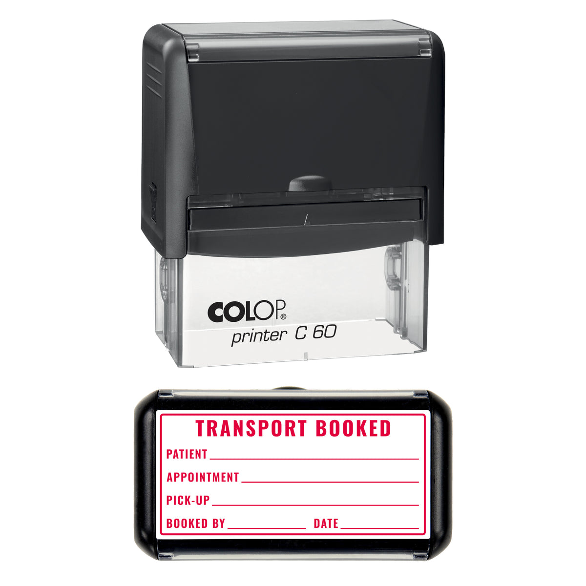 Stamp showing the Transport Booked design, 77 x 36mm COLOP C60 self-inking stamp, red ink