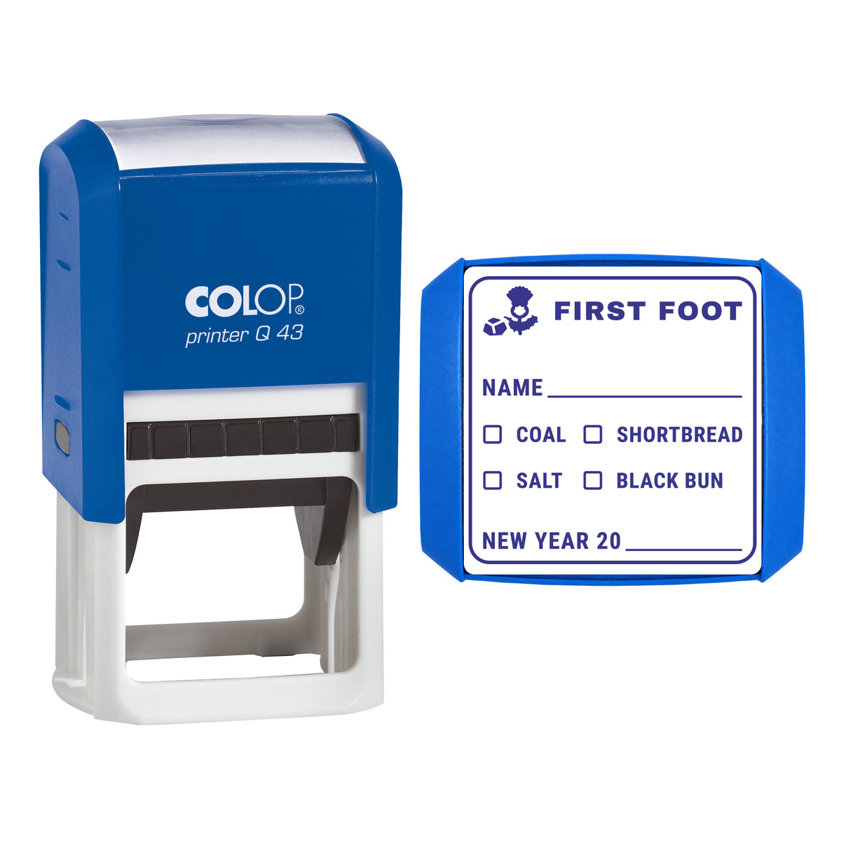 First Foot New Year Visitor Card Stamp, COLOP Q43, 43 x 43mm, violet ink