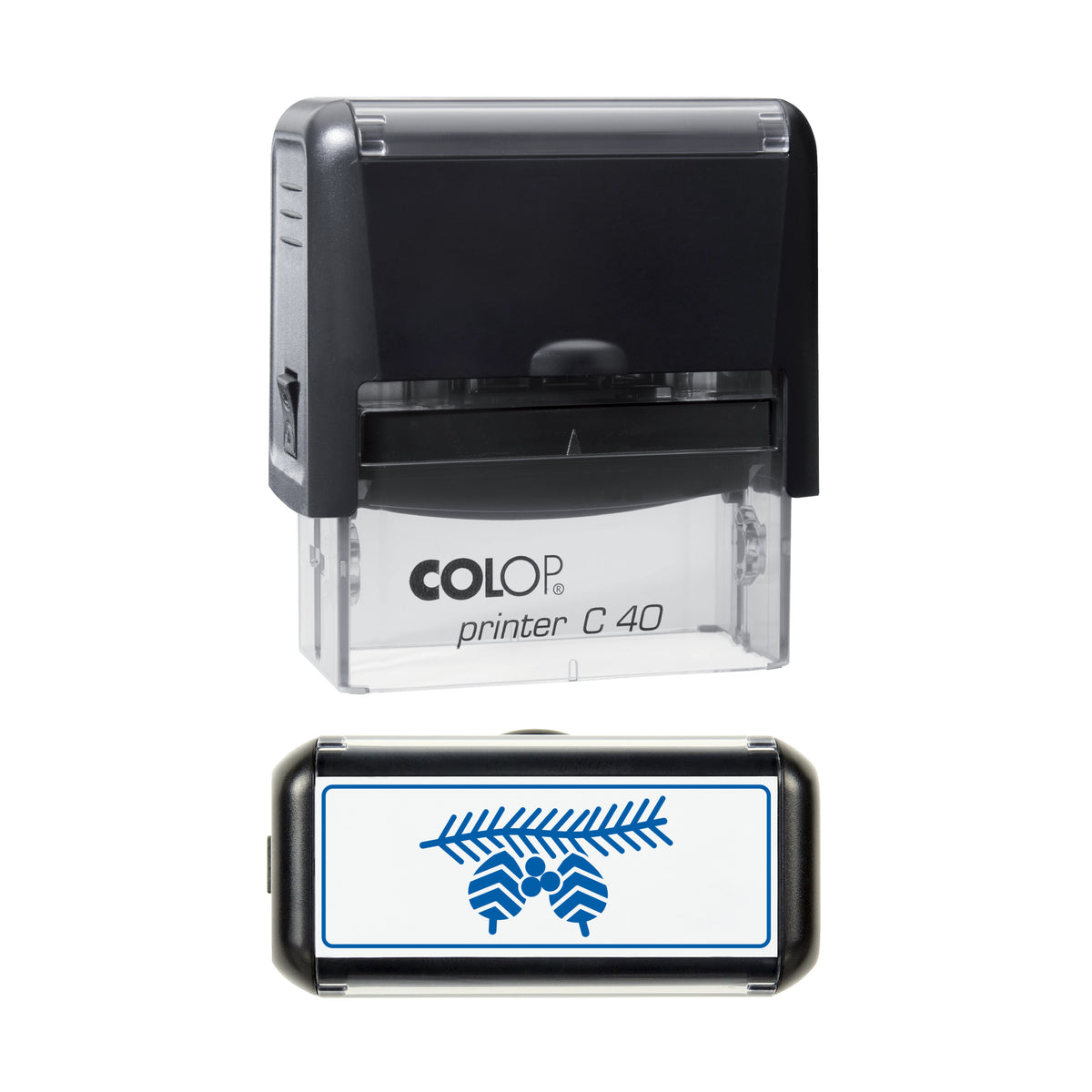 Pine Cone and Berry Sprig Christmas Art Stamp, COLOP C40, 58 x 22mm, blue ink